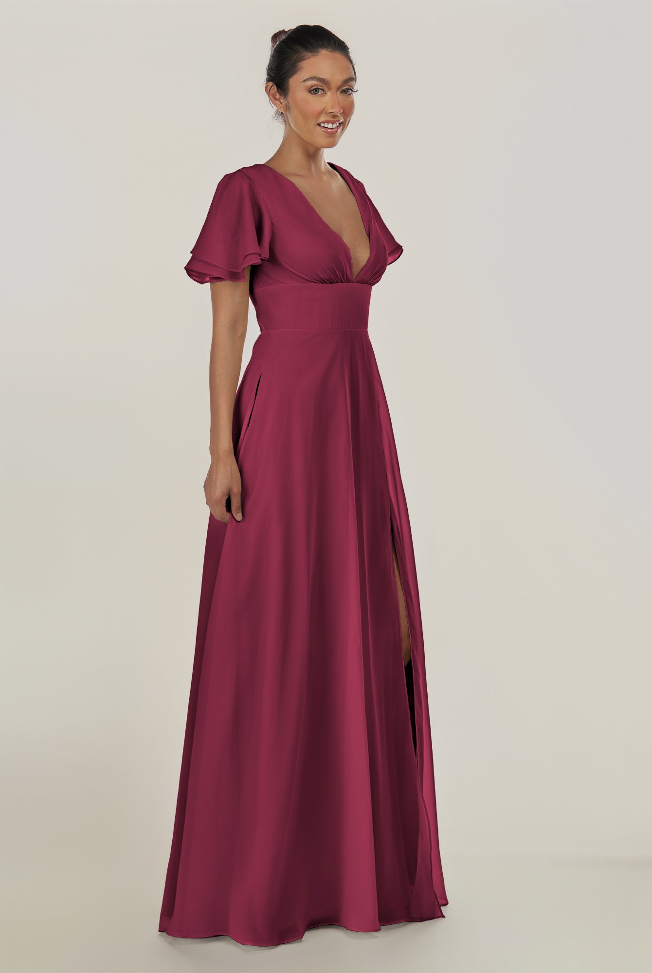 KissDress-Nira Desert Rose A Line Chiffon Cap Sleeves V Neck Long Bridesmaid Dress with Slit