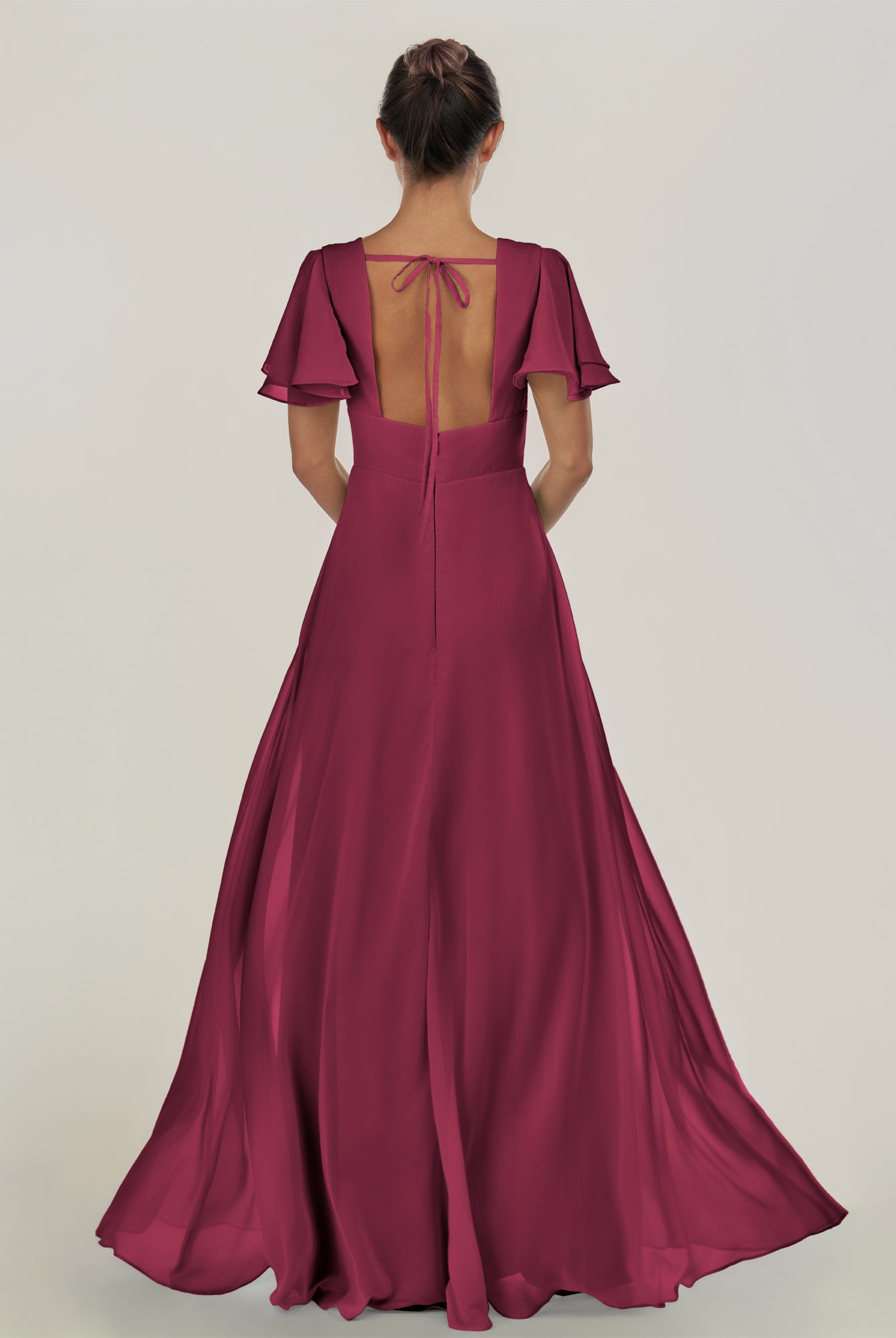 KissDress-Nira Desert Rose A Line Chiffon Cap Sleeves V Neck Long Bridesmaid Dress with Slit
