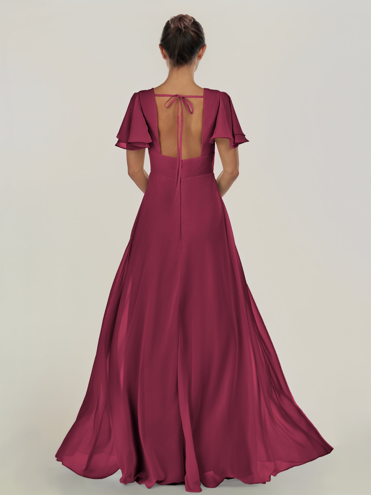 KissDress-Nira Desert Rose A Line Chiffon Cap Sleeves V Neck Long Bridesmaid Dress with Slit
