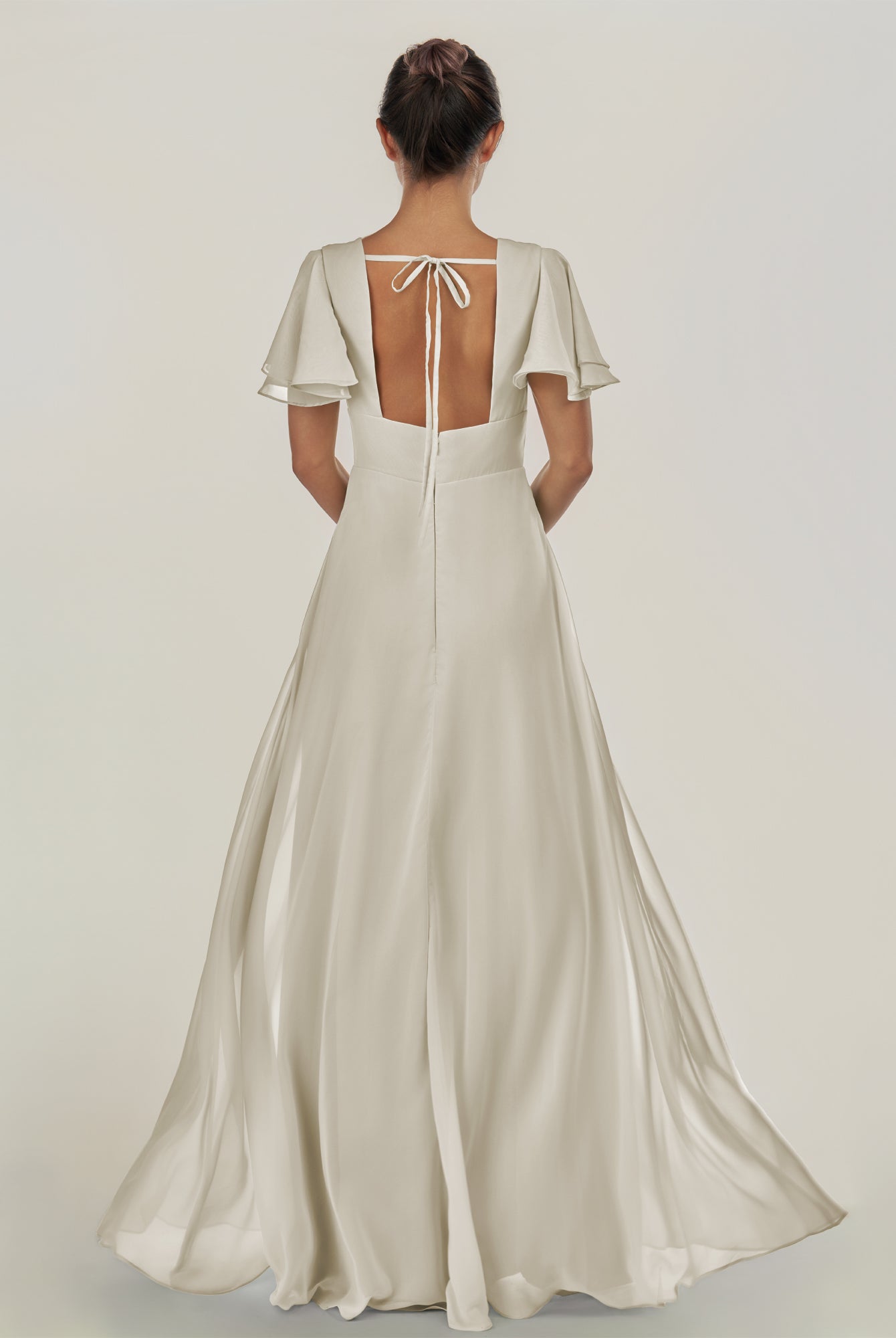 KissDress-Nira Dove Gray A Line Chiffon Cap Sleeves V Neck Long Bridesmaid Dress with Slit
