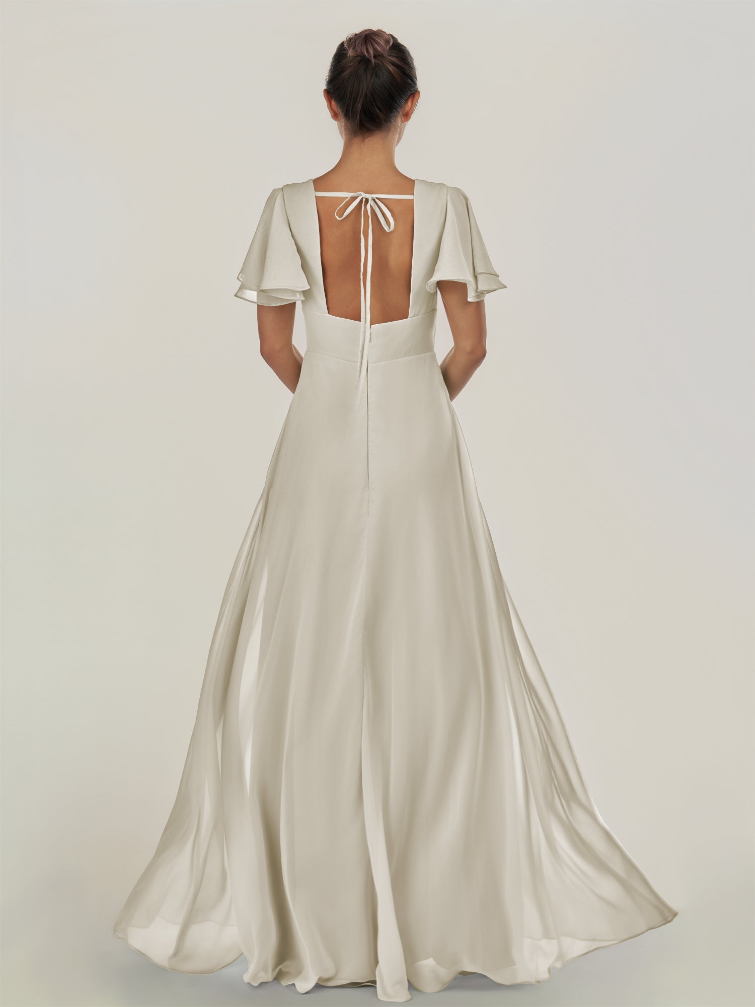 KissDress-Nira Dove Gray A Line Chiffon Cap Sleeves V Neck Long Bridesmaid Dress with Slit
