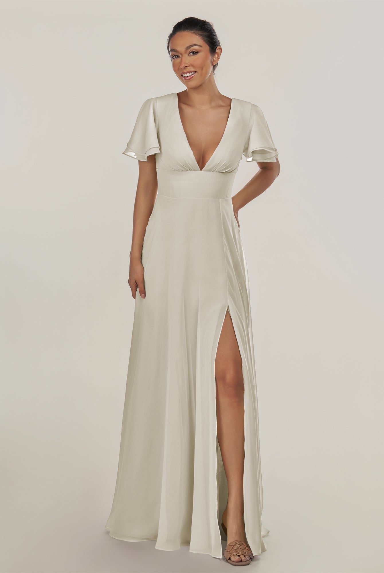 KissDress-Nira Dove Gray A Line Chiffon Cap Sleeves V Neck Long Bridesmaid Dress with Slit