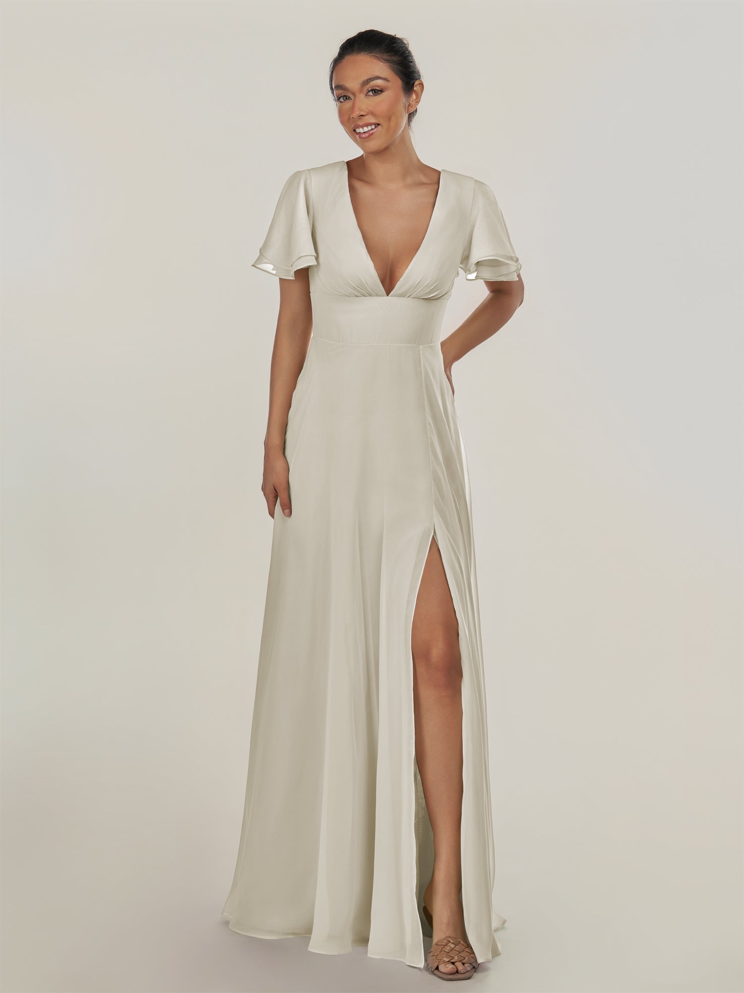 KissDress-Nira Dove Gray A Line Chiffon Cap Sleeves V Neck Long Bridesmaid Dress with Slit