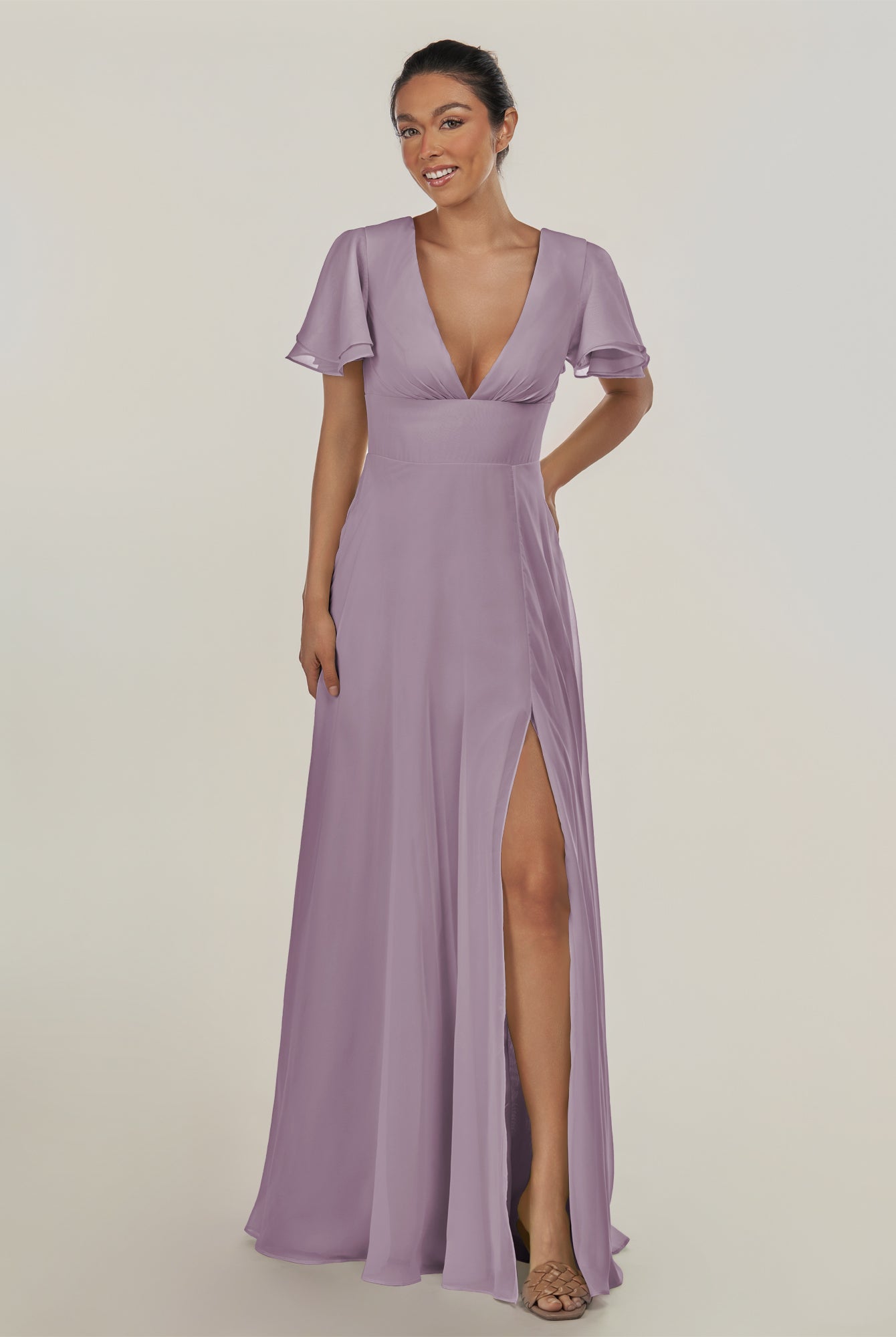 KissDress-Nira Dusk A Line Chiffon Cap Sleeves V Neck Long Bridesmaid Dress with Slit