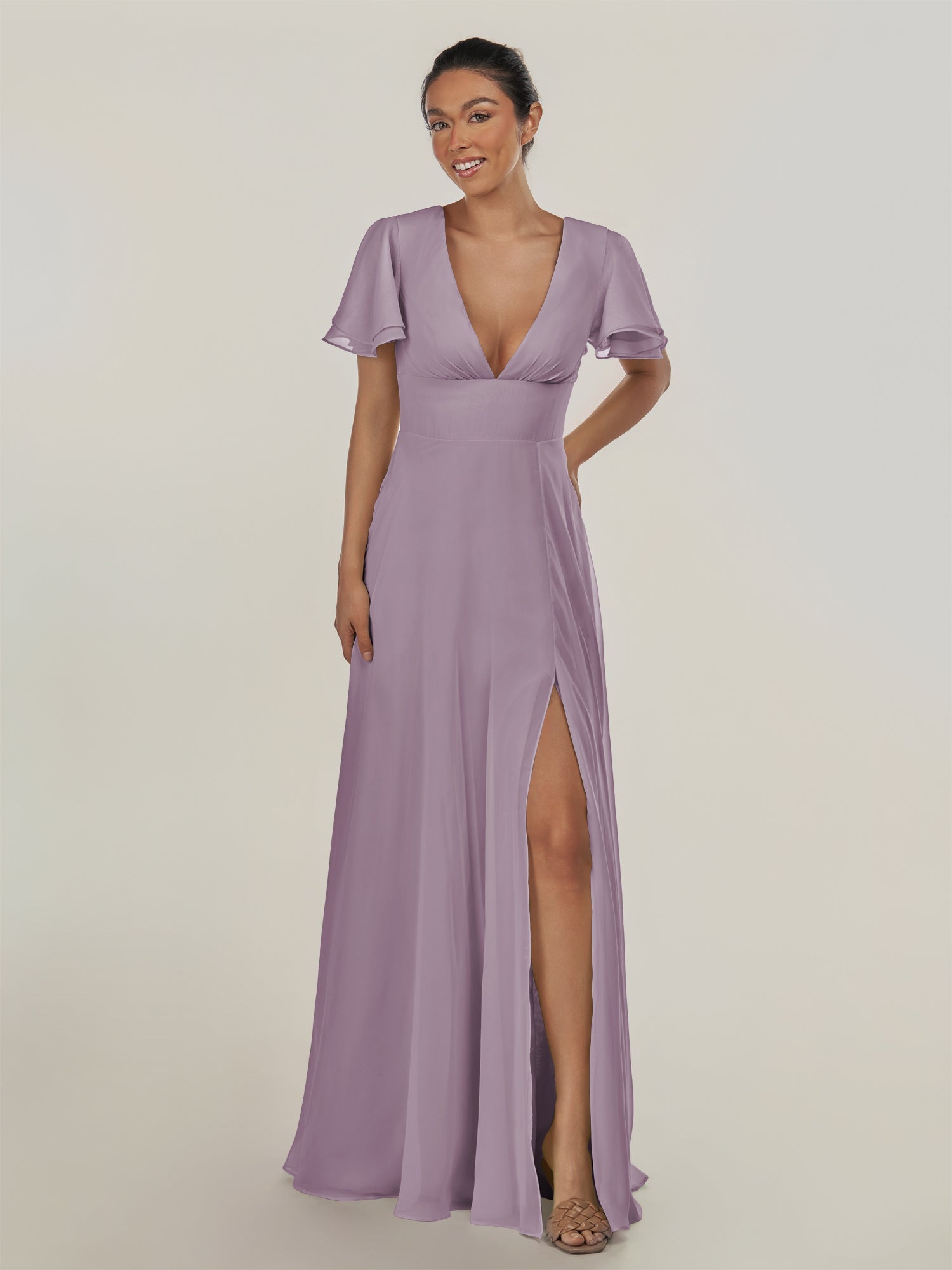 KissDress-Nira Dusk A Line Chiffon Cap Sleeves V Neck Long Bridesmaid Dress with Slit