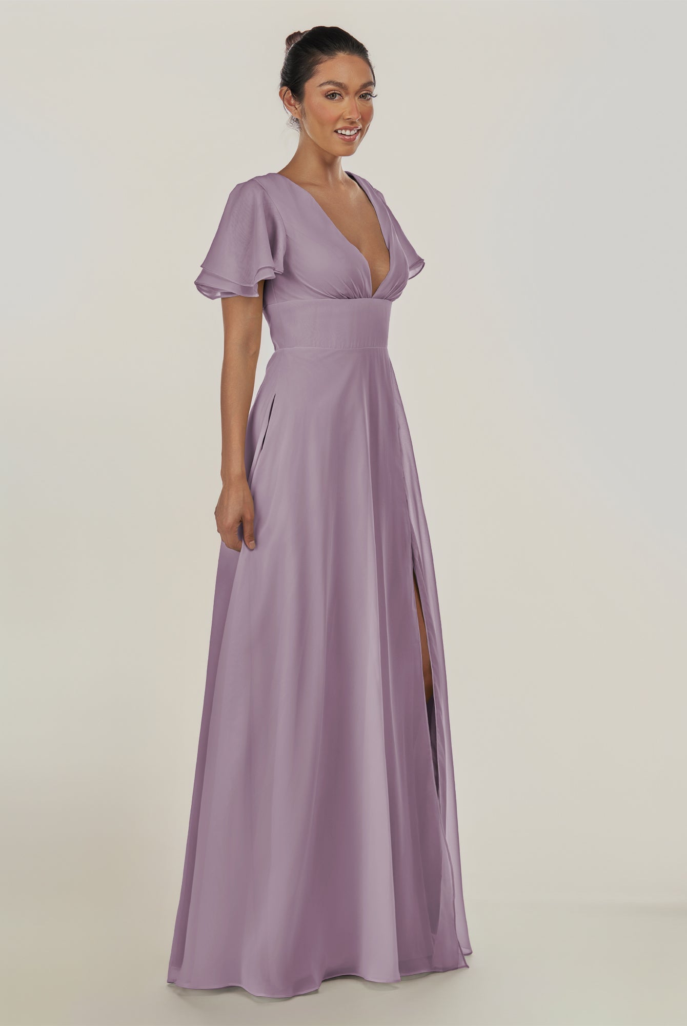KissDress-Nira Dusk A Line Chiffon Cap Sleeves V Neck Long Bridesmaid Dress with Slit