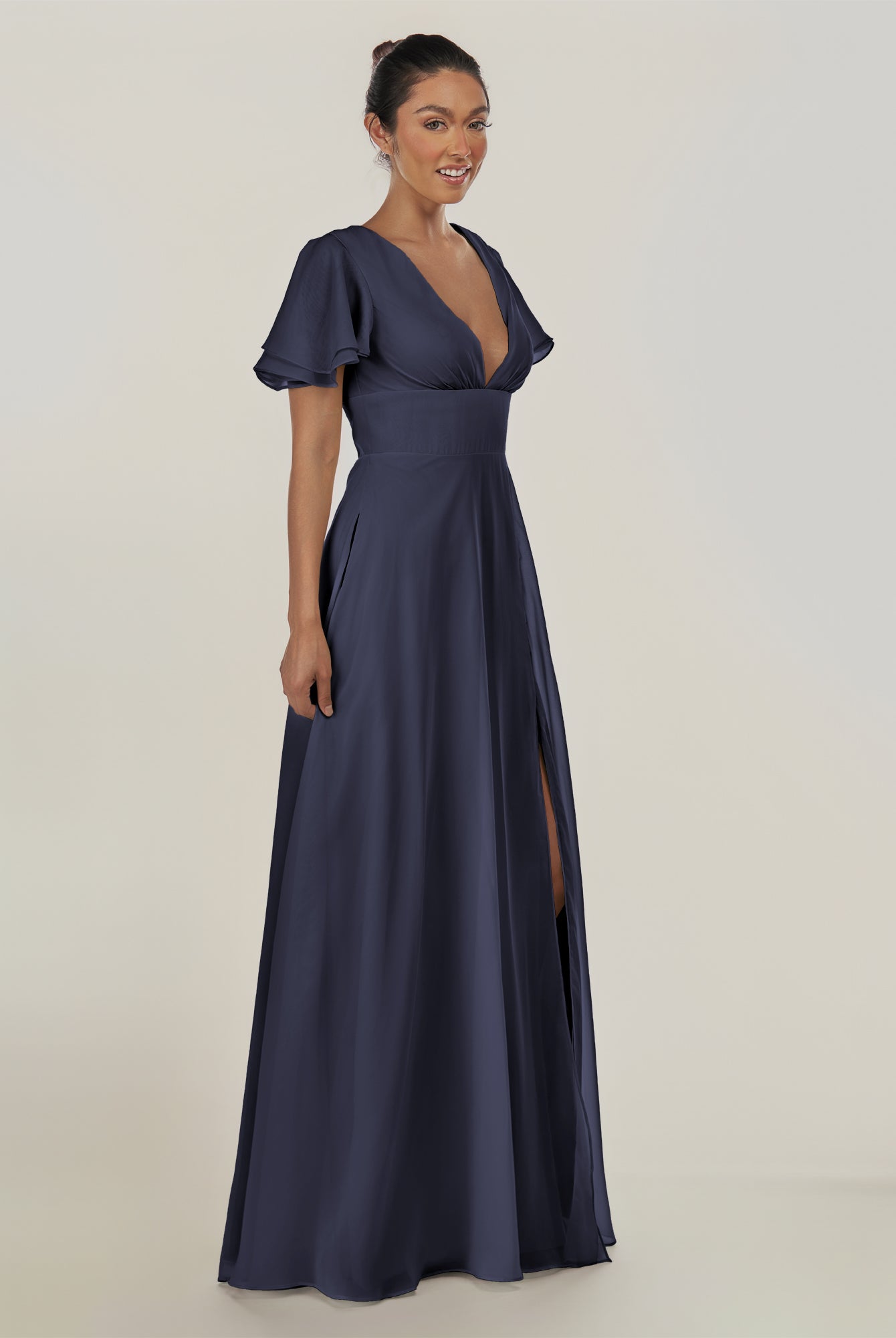 KissDress-Nira Dusk Blue A Line Chiffon Cap Sleeves V Neck Long Bridesmaid Dress with Slit