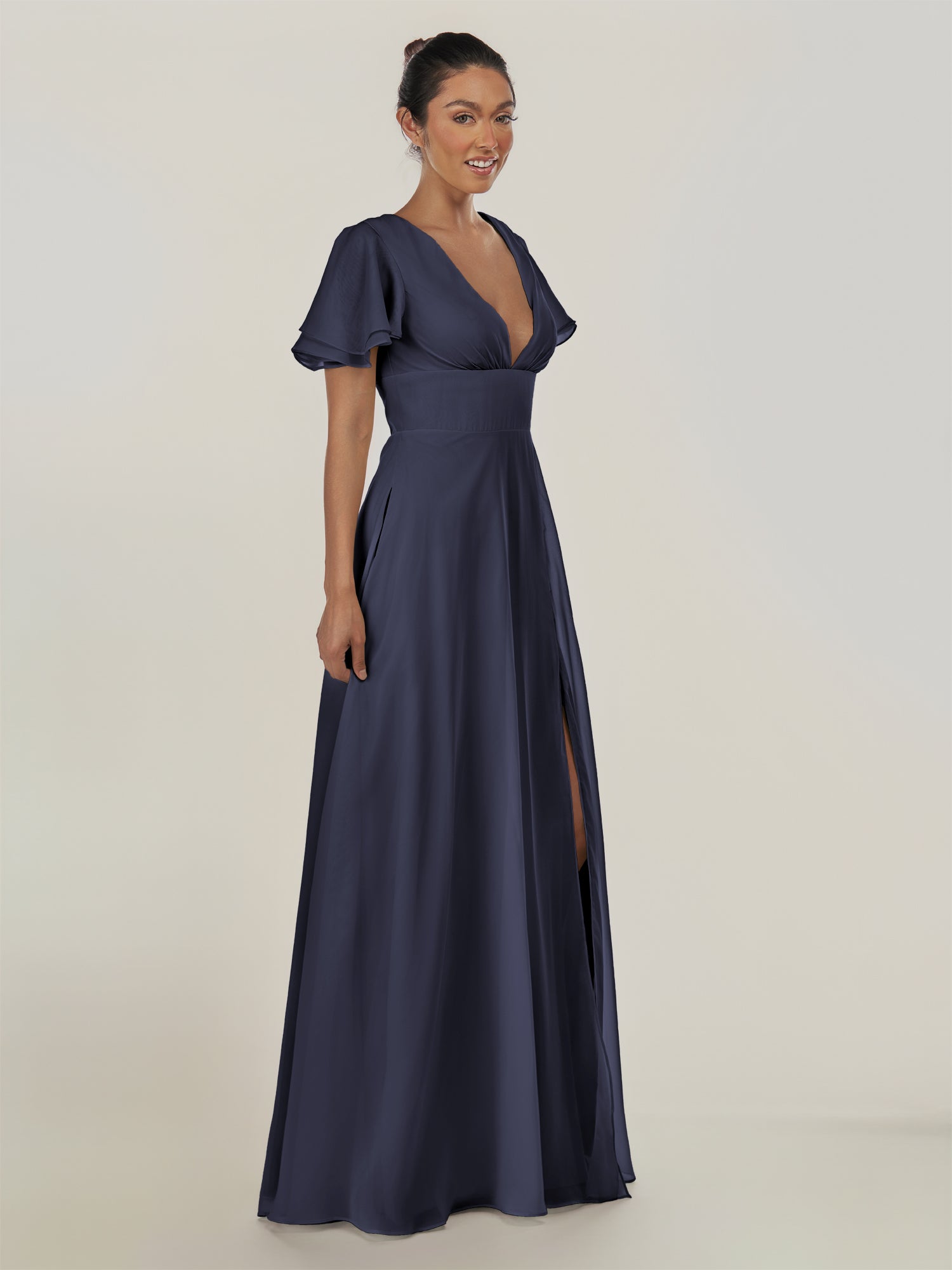 KissDress-Nira Dusk Blue A Line Chiffon Cap Sleeves V Neck Long Bridesmaid Dress with Slit
