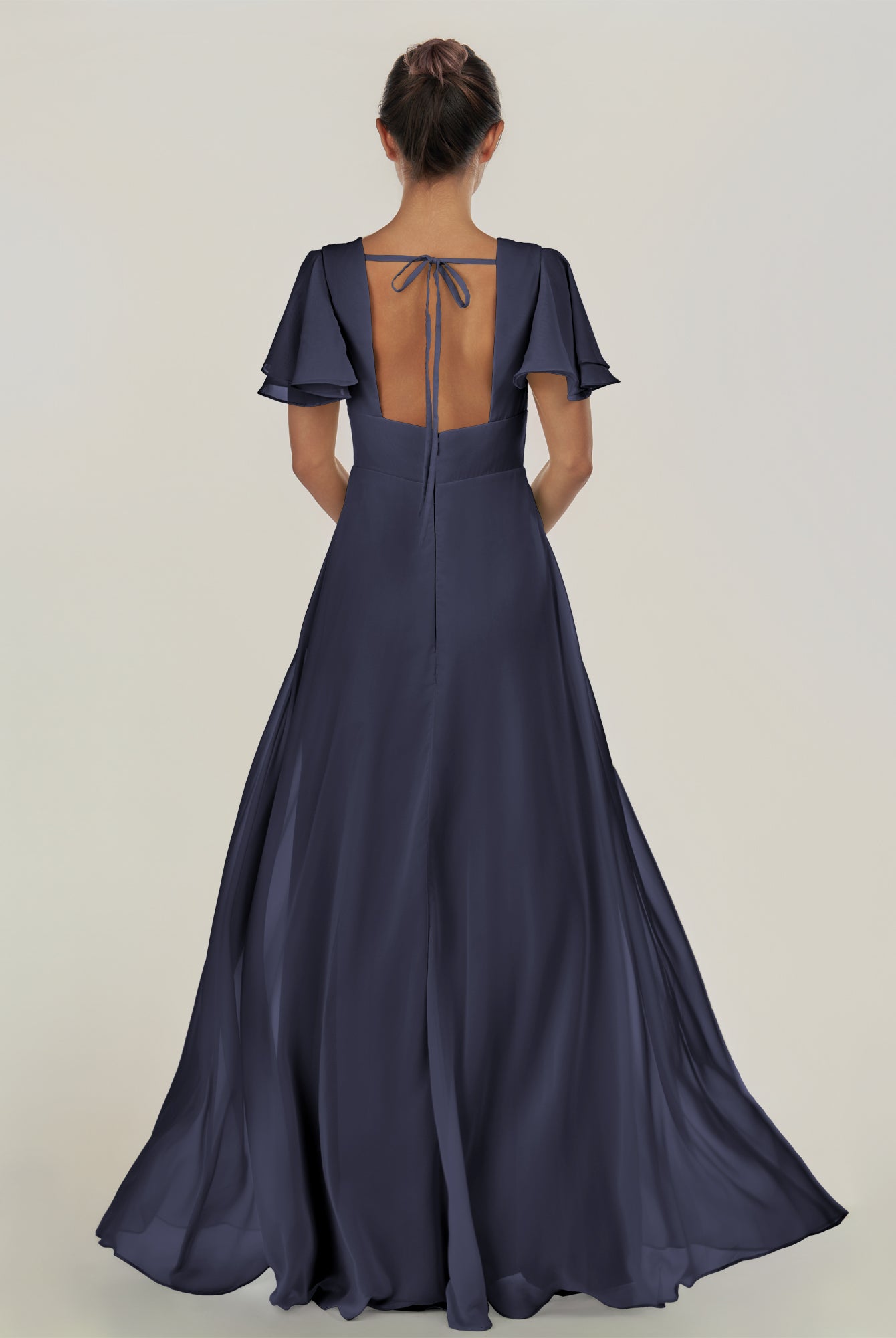 KissDress-Nira Dusk Blue A Line Chiffon Cap Sleeves V Neck Long Bridesmaid Dress with Slit
