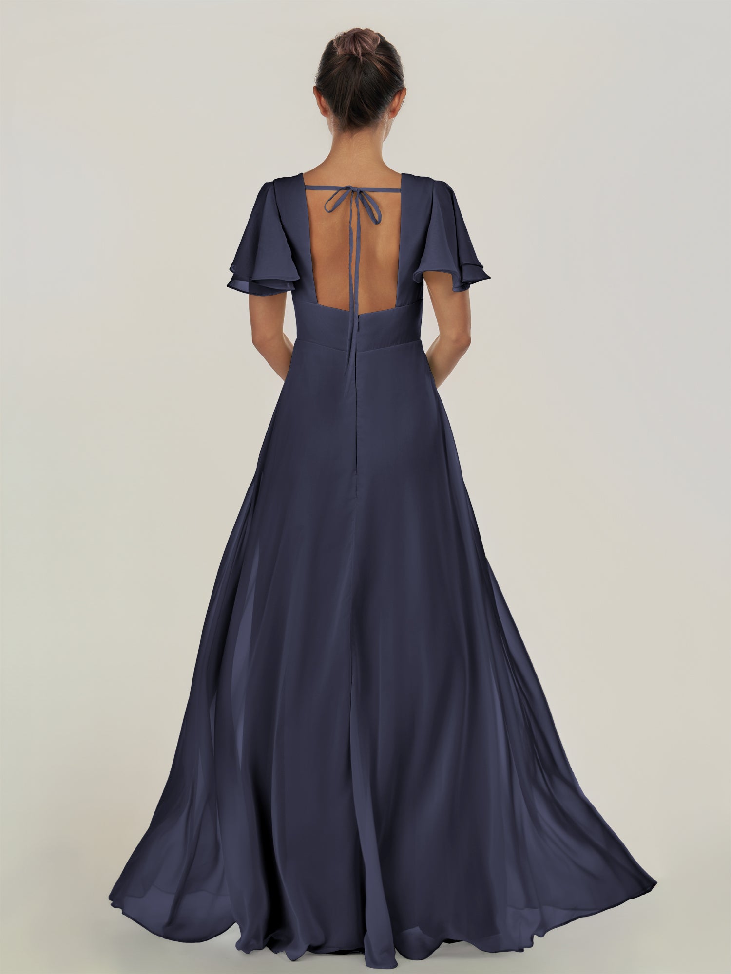 KissDress-Nira Dusk Blue A Line Chiffon Cap Sleeves V Neck Long Bridesmaid Dress with Slit