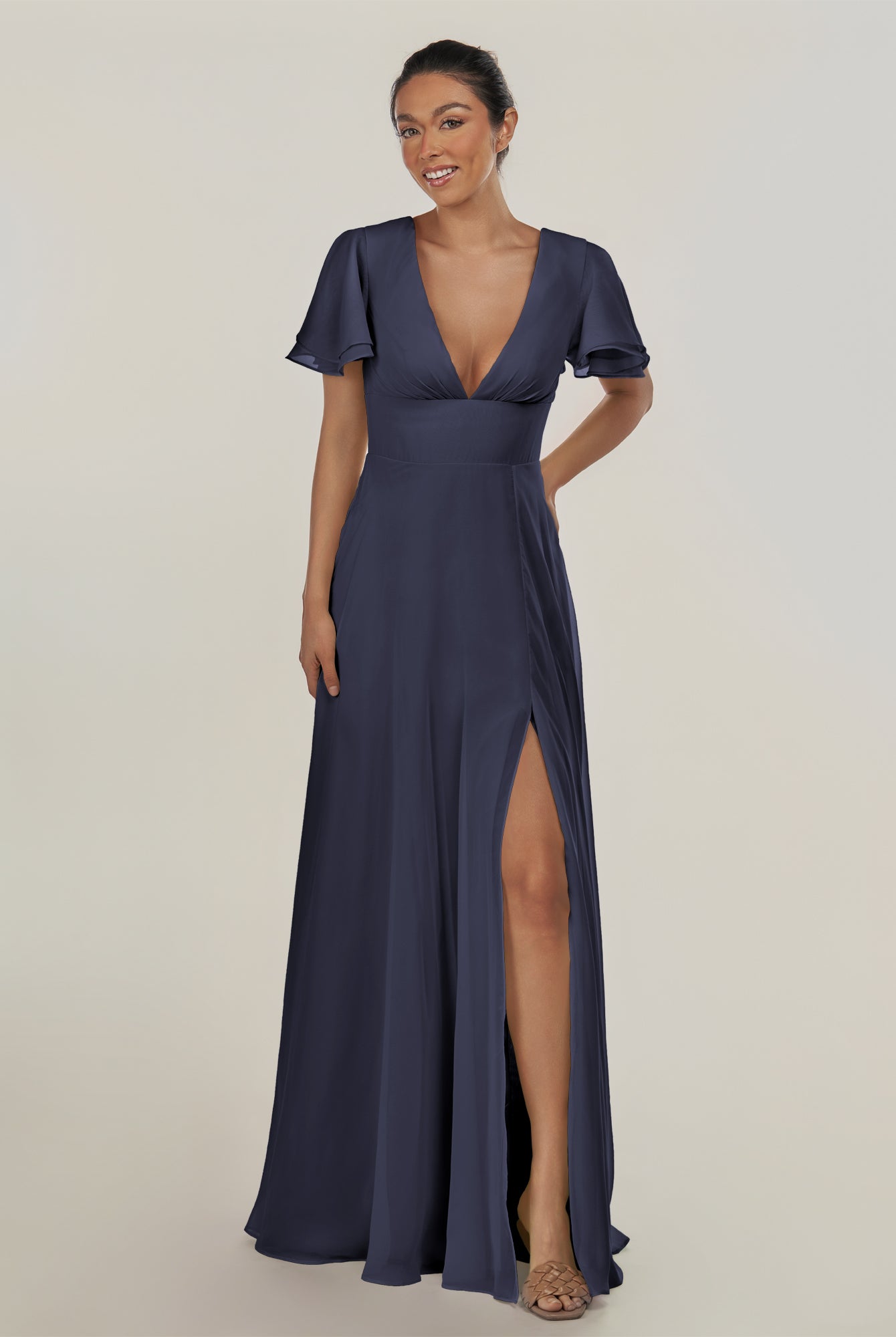 KissDress-Nira Dusk Blue A Line Chiffon Cap Sleeves V Neck Long Bridesmaid Dress with Slit