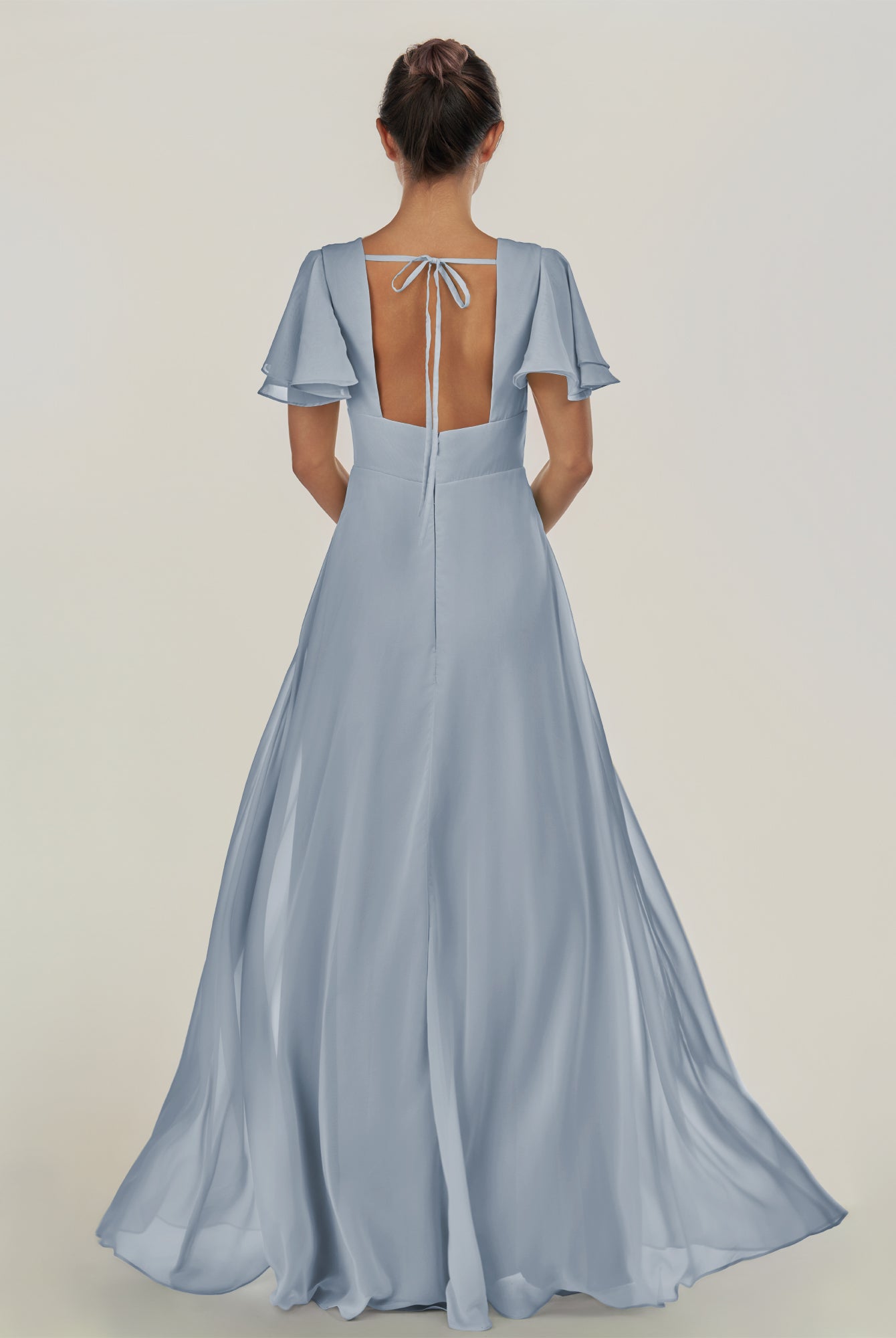 KissDress-Nira Dusty Blue A Line Chiffon Cap Sleeves V Neck Long Bridesmaid Dress with Slit