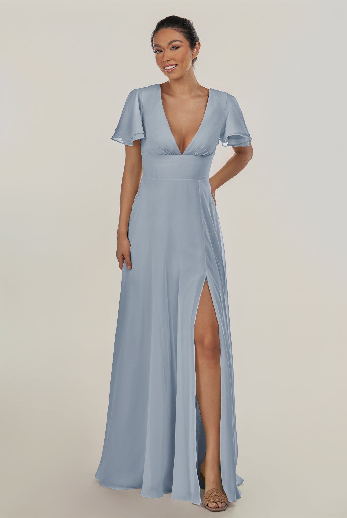 KissDress-Nira Dusty Blue A Line Chiffon Cap Sleeves V Neck Long Bridesmaid Dress with Slit