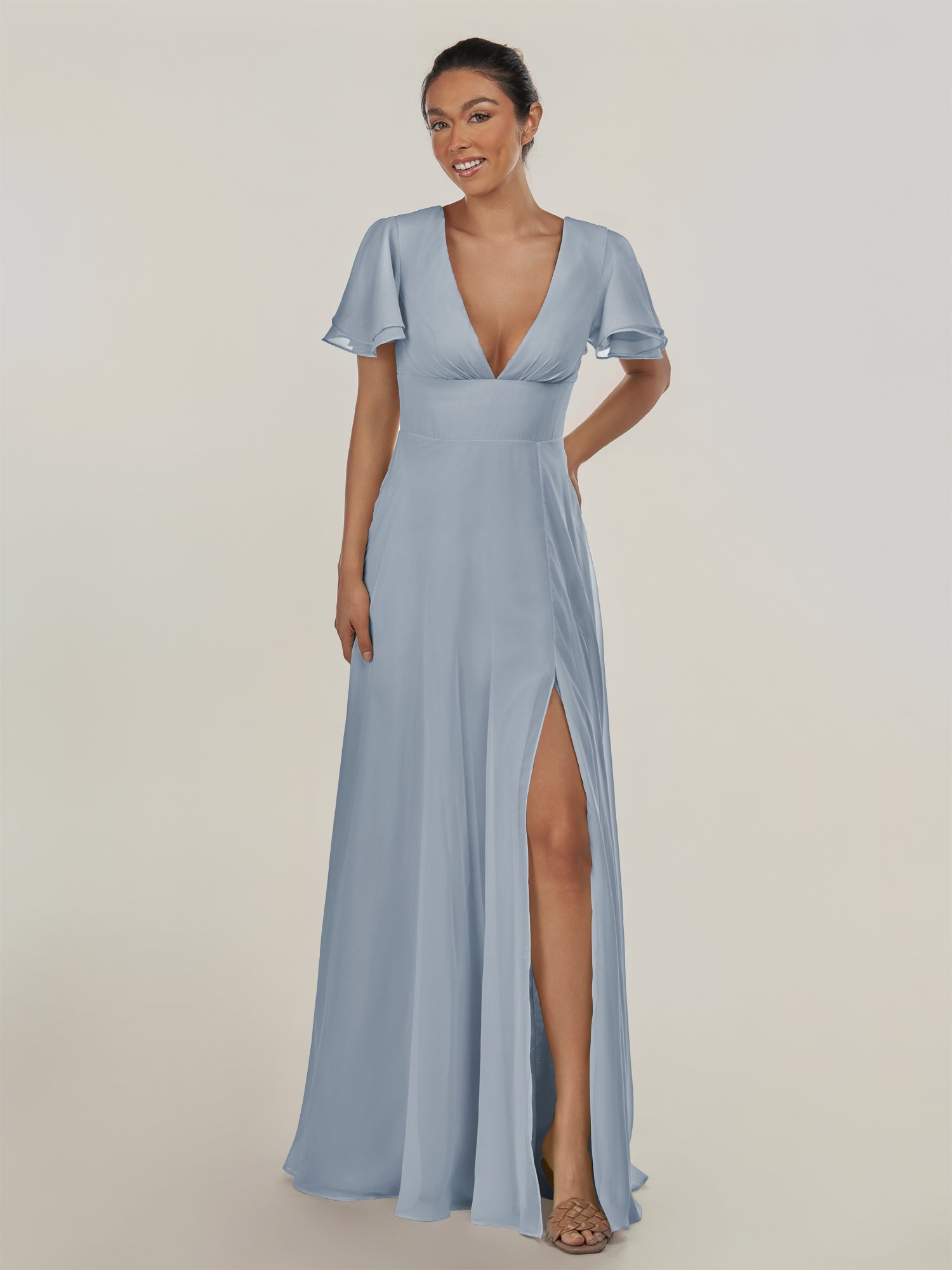 KissDress-Nira Dusty Blue A Line Chiffon Cap Sleeves V Neck Long Bridesmaid Dress with Slit