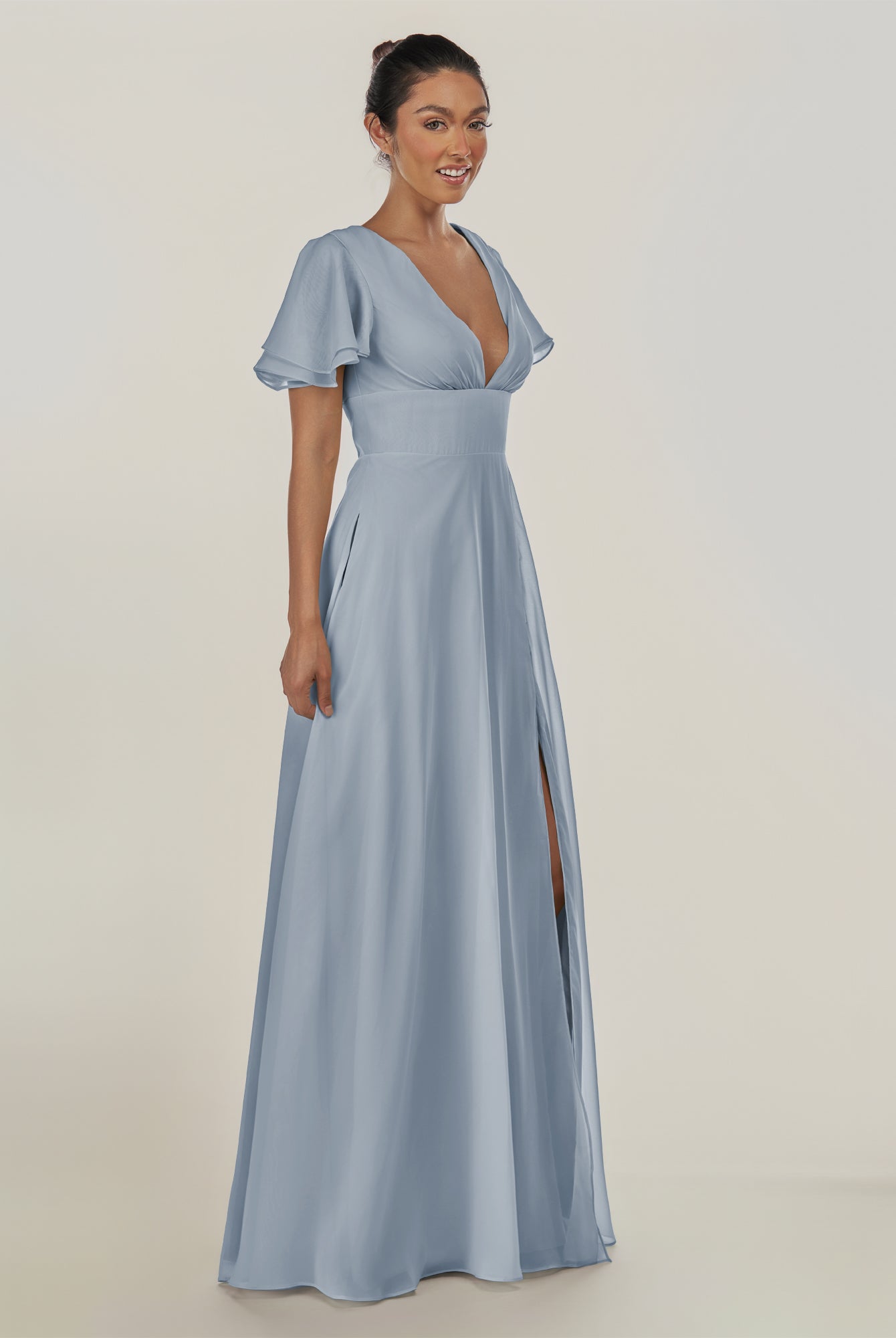 KissDress-Nira Dusty Blue A Line Chiffon Cap Sleeves V Neck Long Bridesmaid Dress with Slit