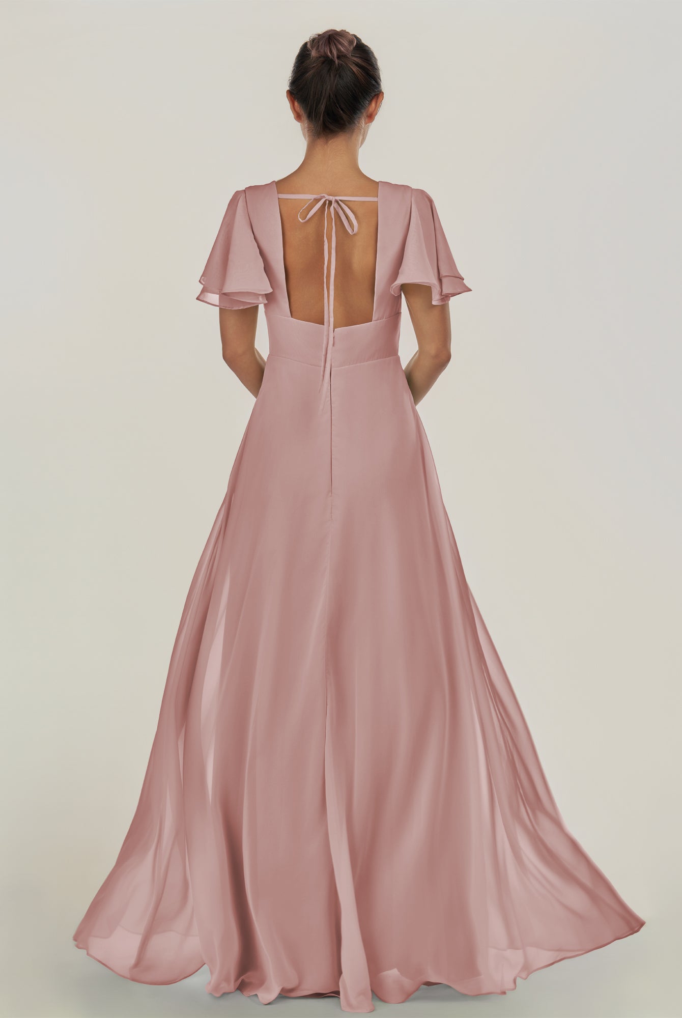 KissDress-Nira Dusty Rose A Line Chiffon Cap Sleeves V Neck Long Bridesmaid Dress with Slit