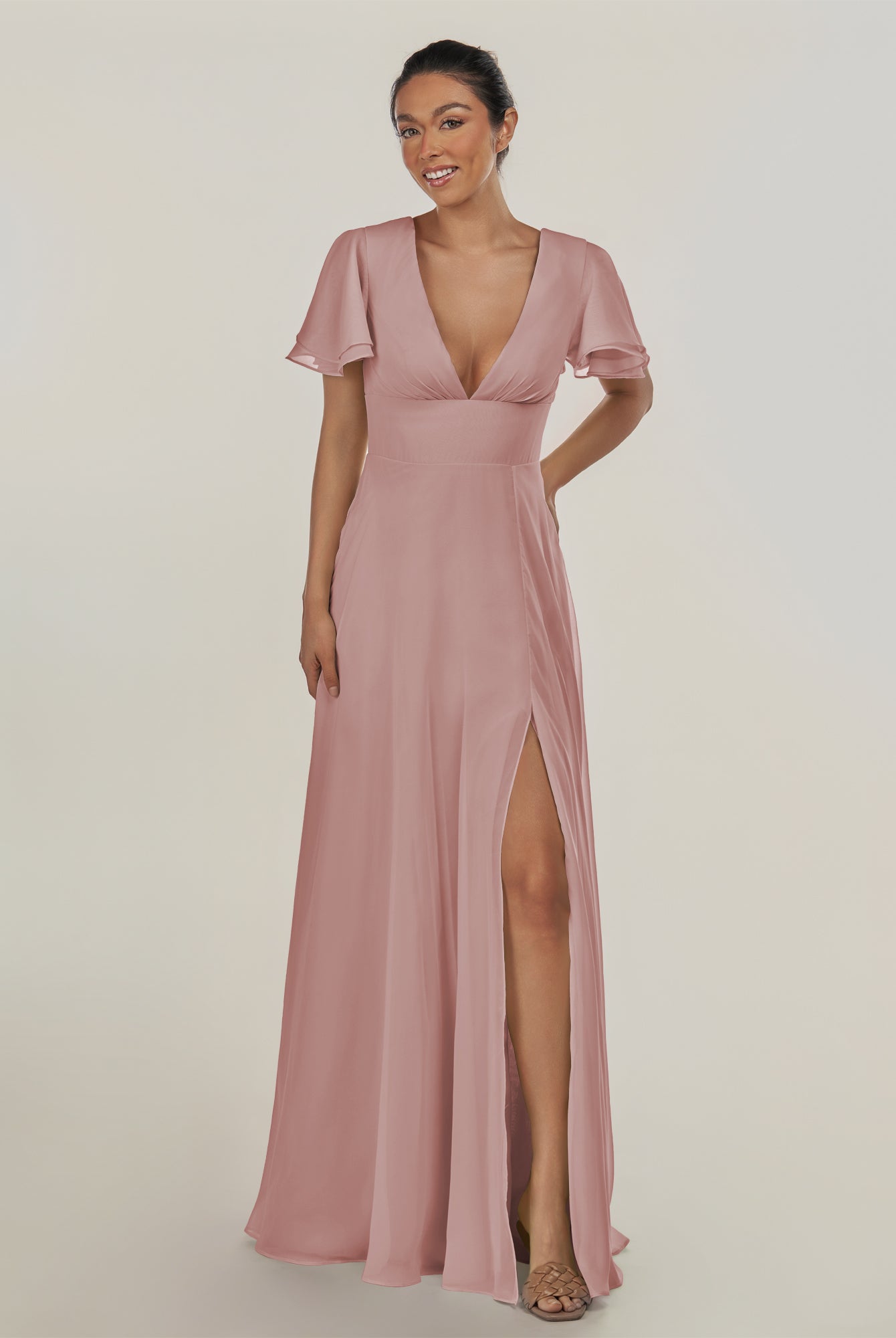 KissDress-Nira Dusty Rose A Line Chiffon Cap Sleeves V Neck Long Bridesmaid Dress with Slit