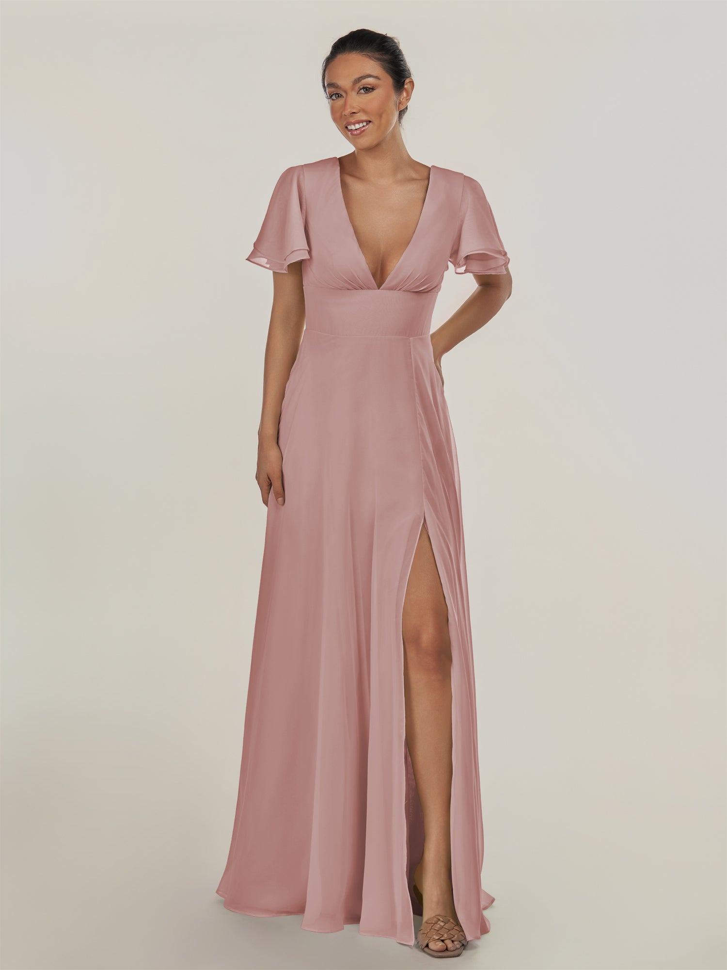 KissDress-Nira Dusty Rose A Line Chiffon Cap Sleeves V Neck Long Bridesmaid Dress with Slit
