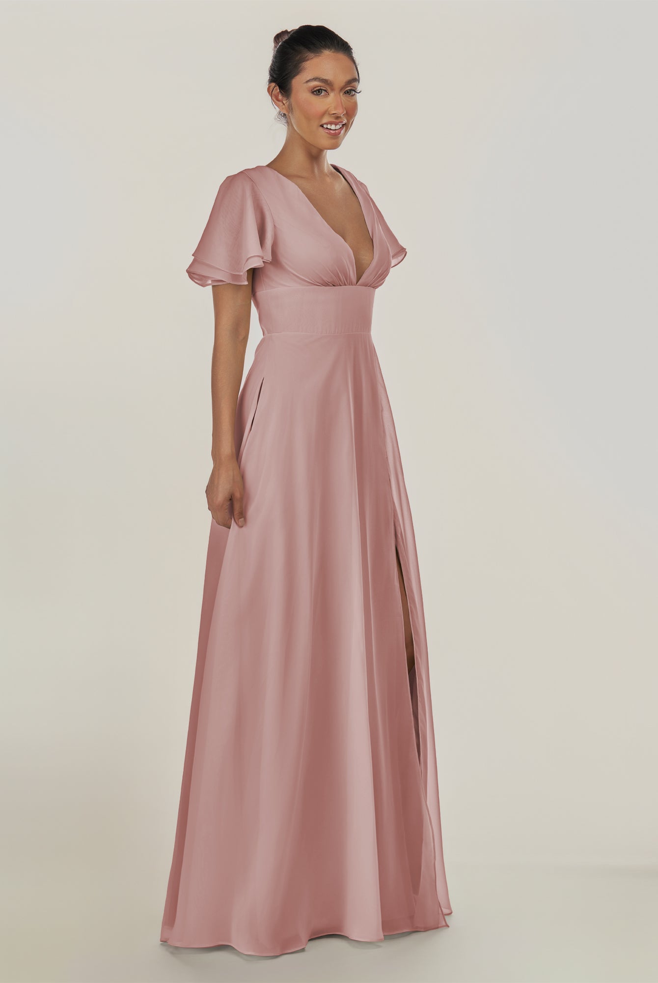 KissDress-Nira Dusty Rose A Line Chiffon Cap Sleeves V Neck Long Bridesmaid Dress with Slit