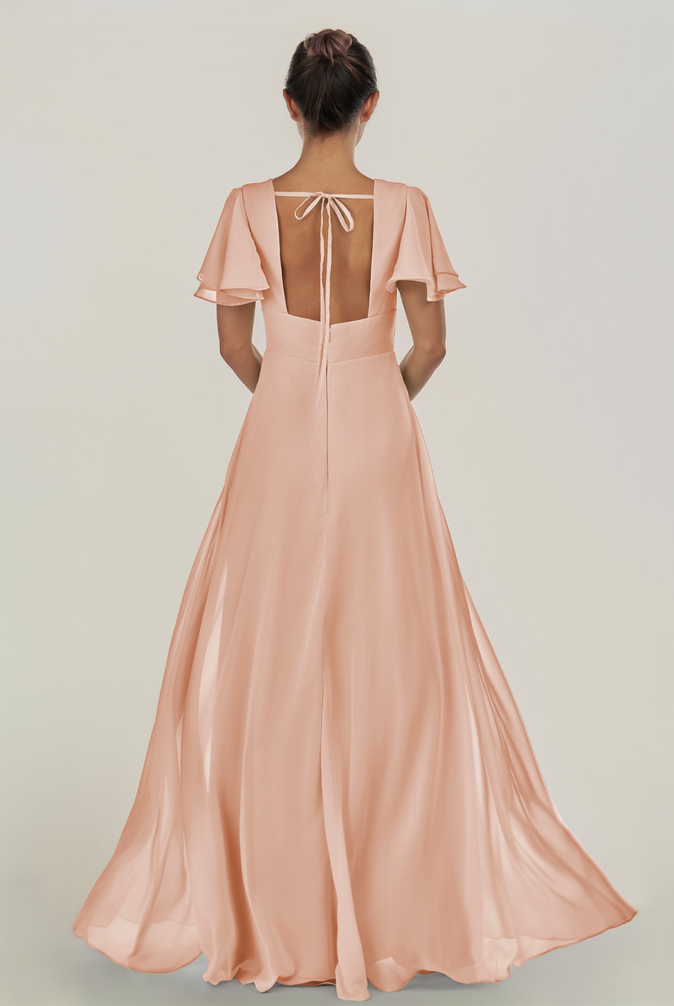 KissDress-Nira English Rose A Line Chiffon Cap Sleeves V Neck Long Bridesmaid Dress with Slit
