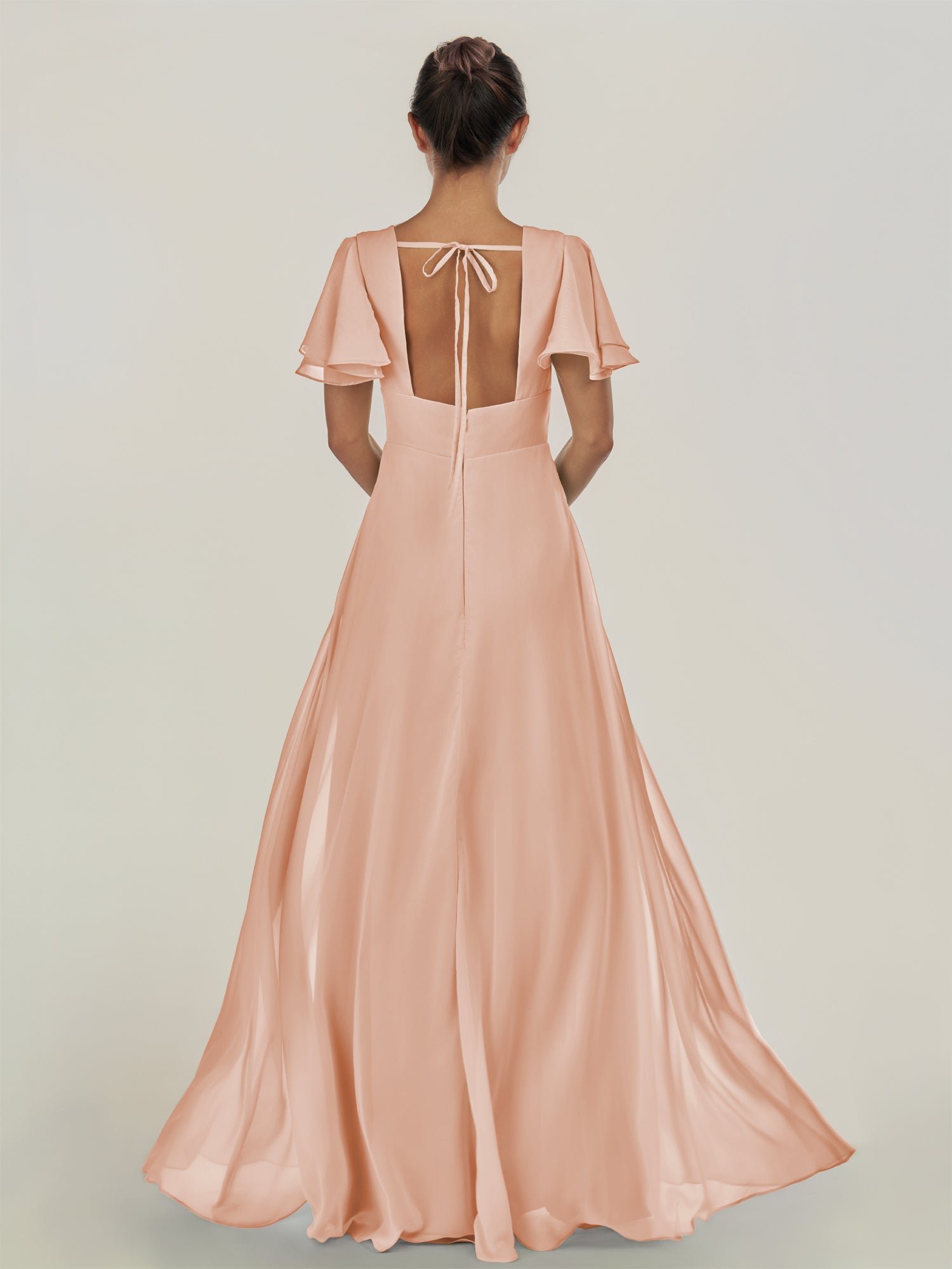 KissDress-Nira English Rose A Line Chiffon Cap Sleeves V Neck Long Bridesmaid Dress with Slit