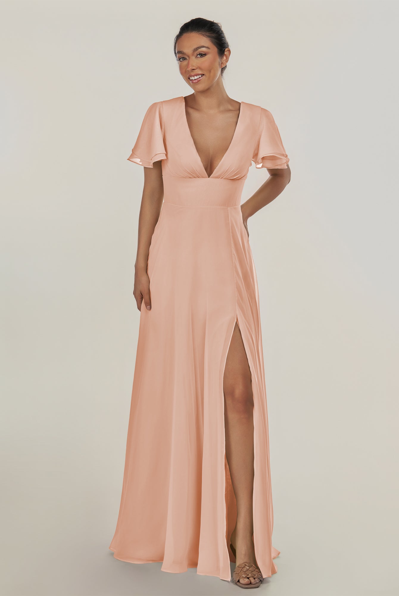 KissDress-Nira English Rose A Line Chiffon Cap Sleeves V Neck Long Bridesmaid Dress with Slit