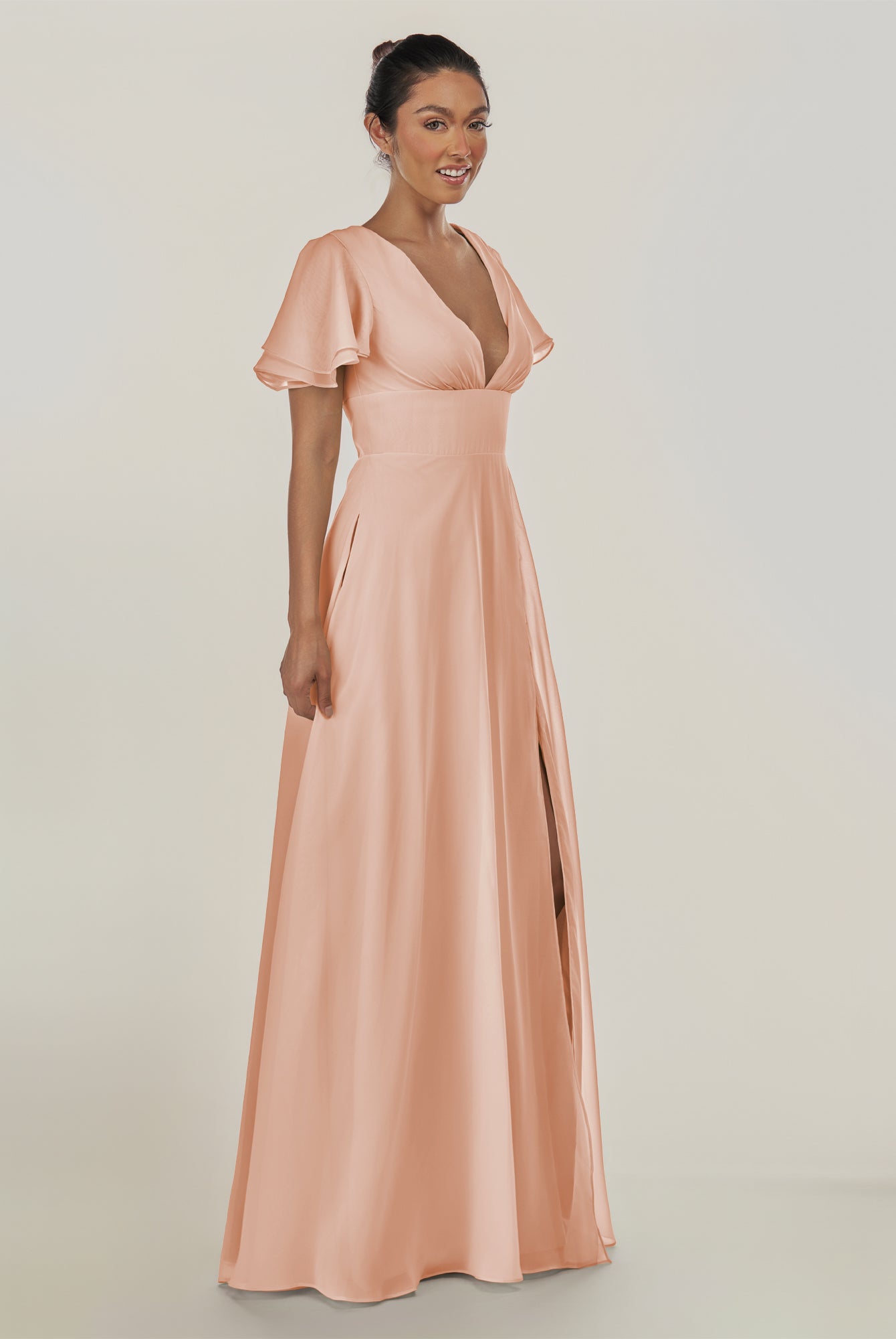 KissDress-Nira English Rose A Line Chiffon Cap Sleeves V Neck Long Bridesmaid Dress with Slit