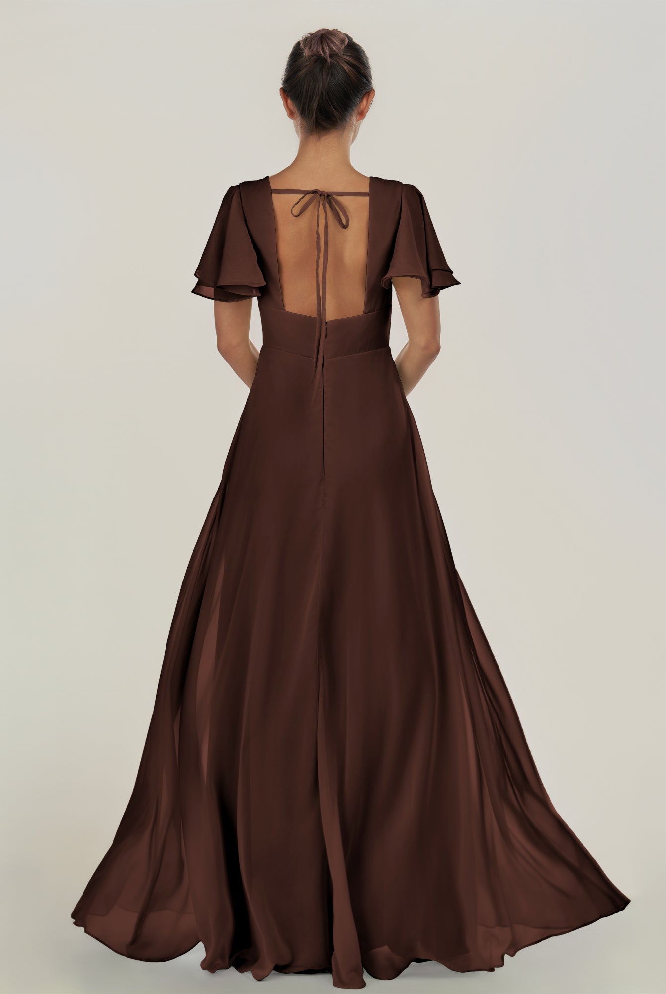 KissDress-Nira Espresso A Line Chiffon Cap Sleeves V Neck Long Bridesmaid Dress with Slit