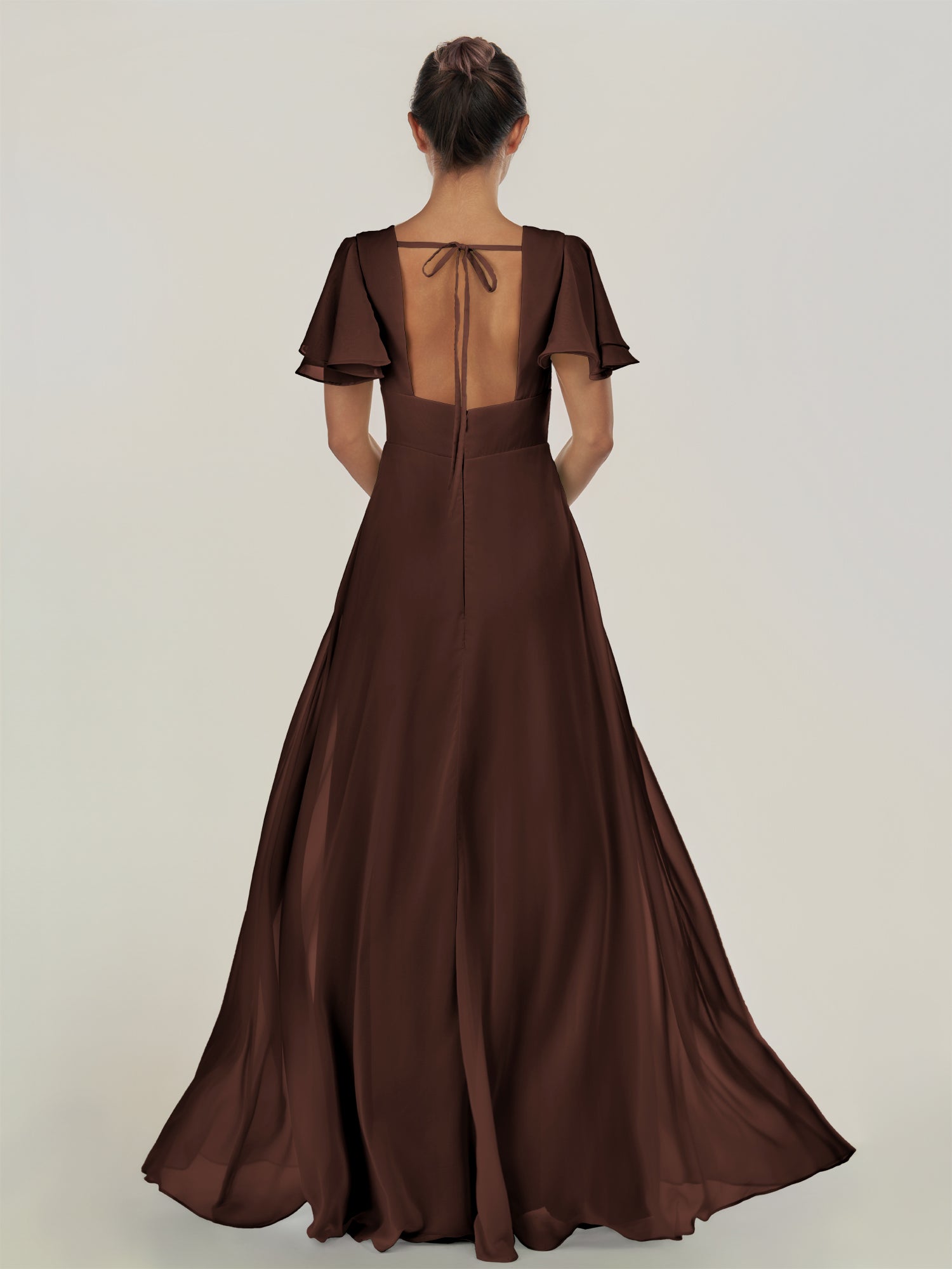 KissDress-Nira Espresso A Line Chiffon Cap Sleeves V Neck Long Bridesmaid Dress with Slit