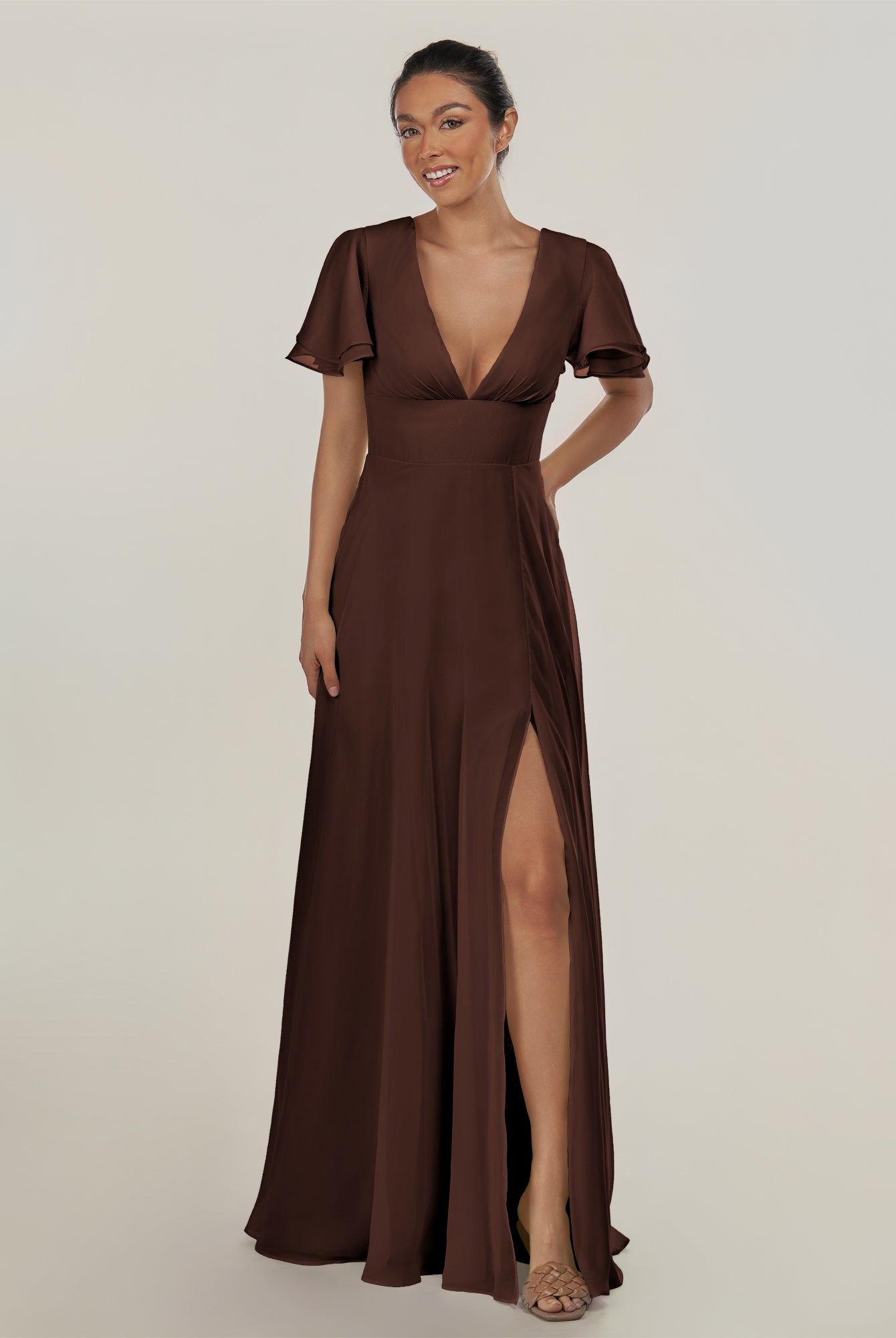 KissDress-Nira Espresso A Line Chiffon Cap Sleeves V Neck Long Bridesmaid Dress with Slit