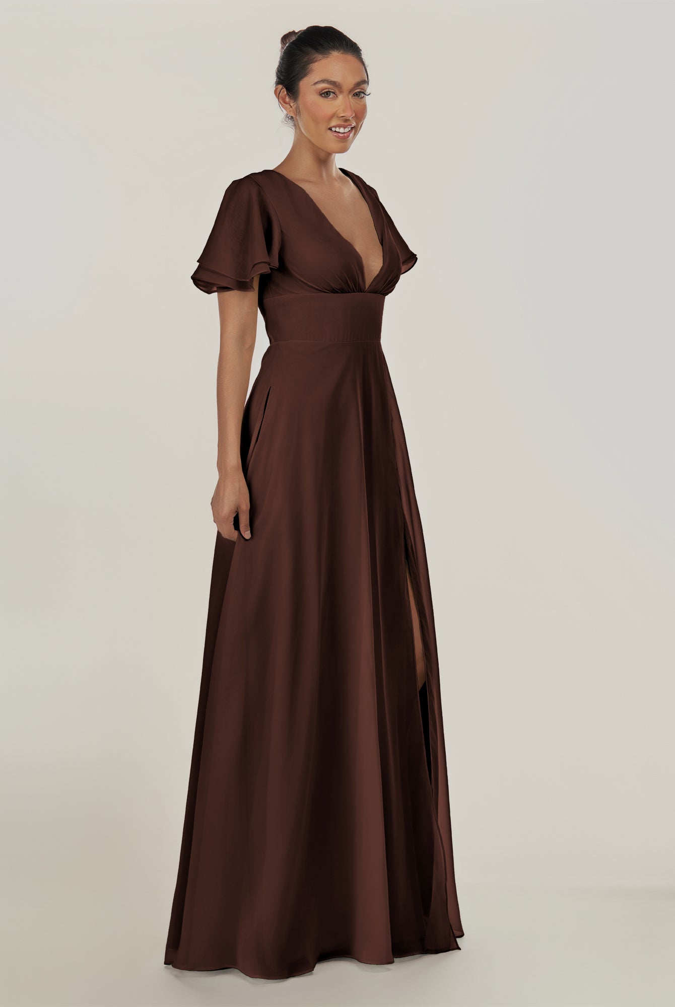 KissDress-Nira Espresso A Line Chiffon Cap Sleeves V Neck Long Bridesmaid Dress with Slit