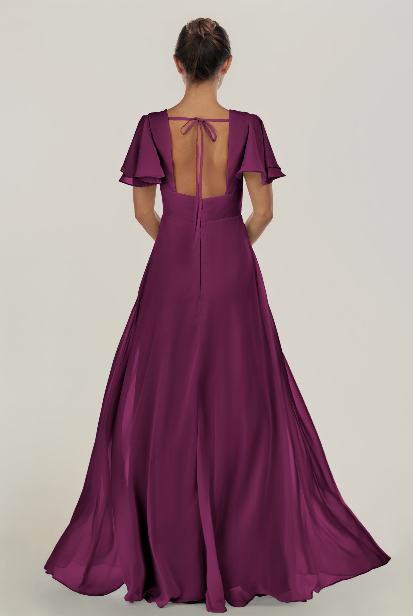 KissDress-Nira Fig A Line Chiffon Cap Sleeves V Neck Long Bridesmaid Dress with Slit