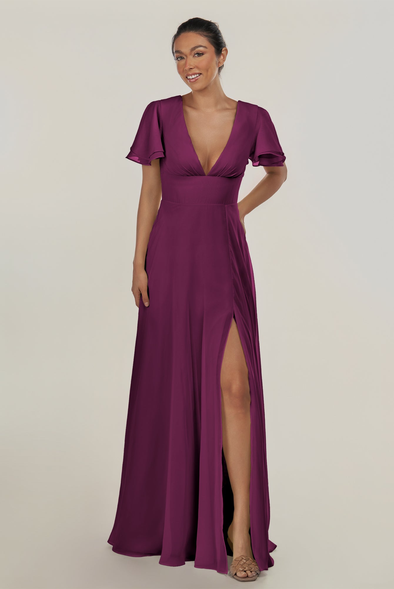 KissDress-Nira Fig A Line Chiffon Cap Sleeves V Neck Long Bridesmaid Dress with Slit