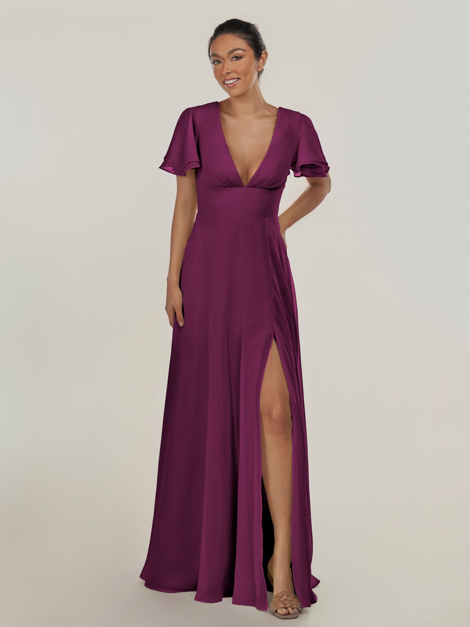 KissDress-Nira Fig A Line Chiffon Cap Sleeves V Neck Long Bridesmaid Dress with Slit