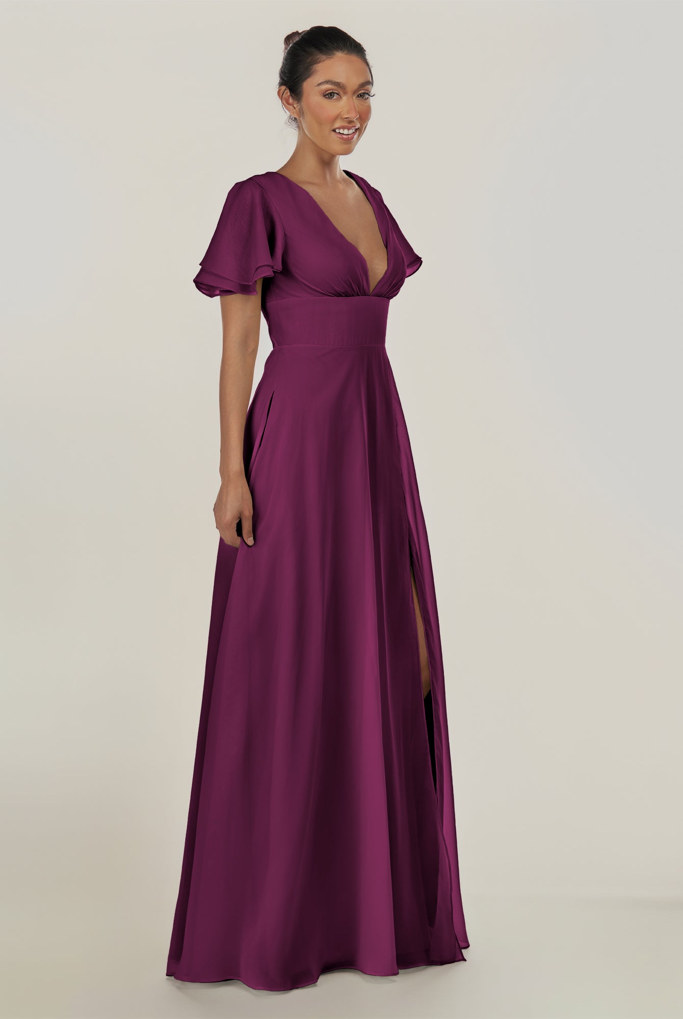 KissDress-Nira Fig A Line Chiffon Cap Sleeves V Neck Long Bridesmaid Dress with Slit