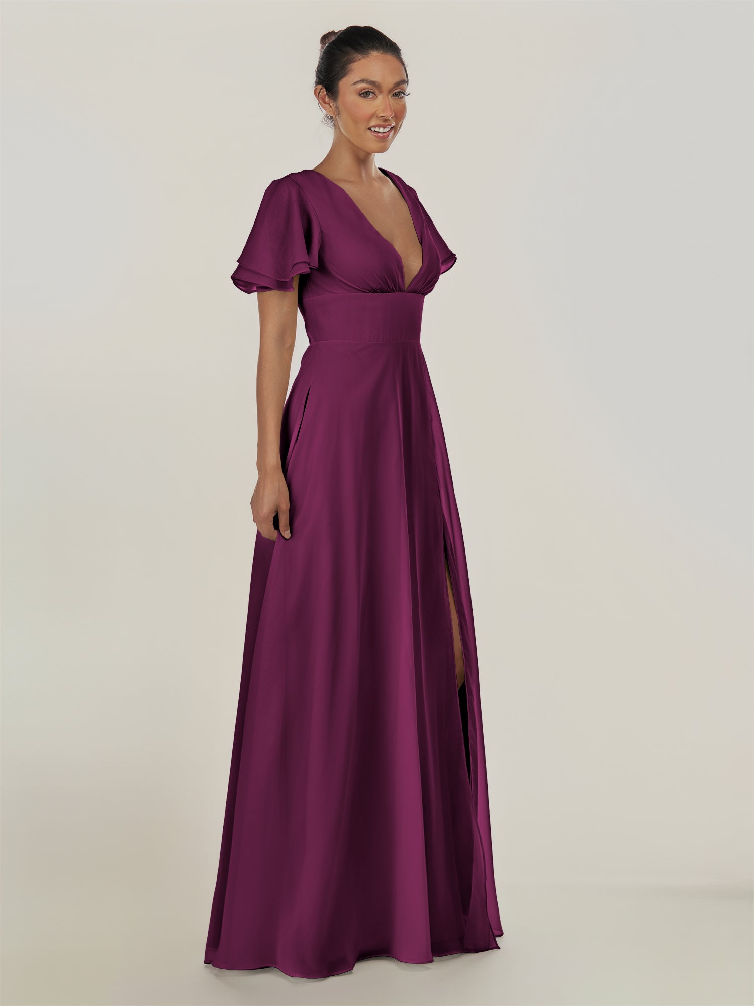 KissDress-Nira Fig A Line Chiffon Cap Sleeves V Neck Long Bridesmaid Dress with Slit