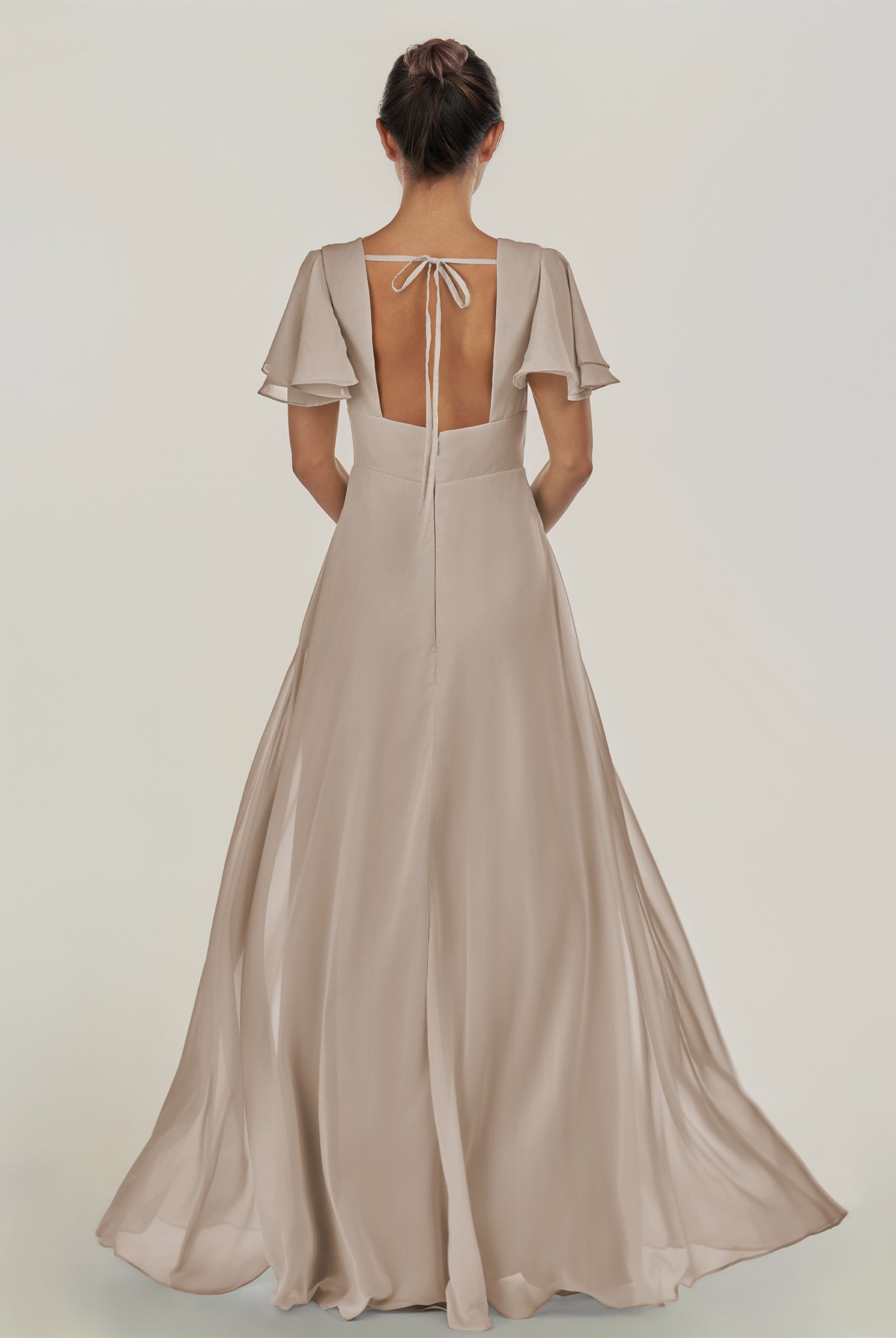 KissDress-Nira Frost A Line Chiffon Cap Sleeves V Neck Long Bridesmaid Dress with Slit