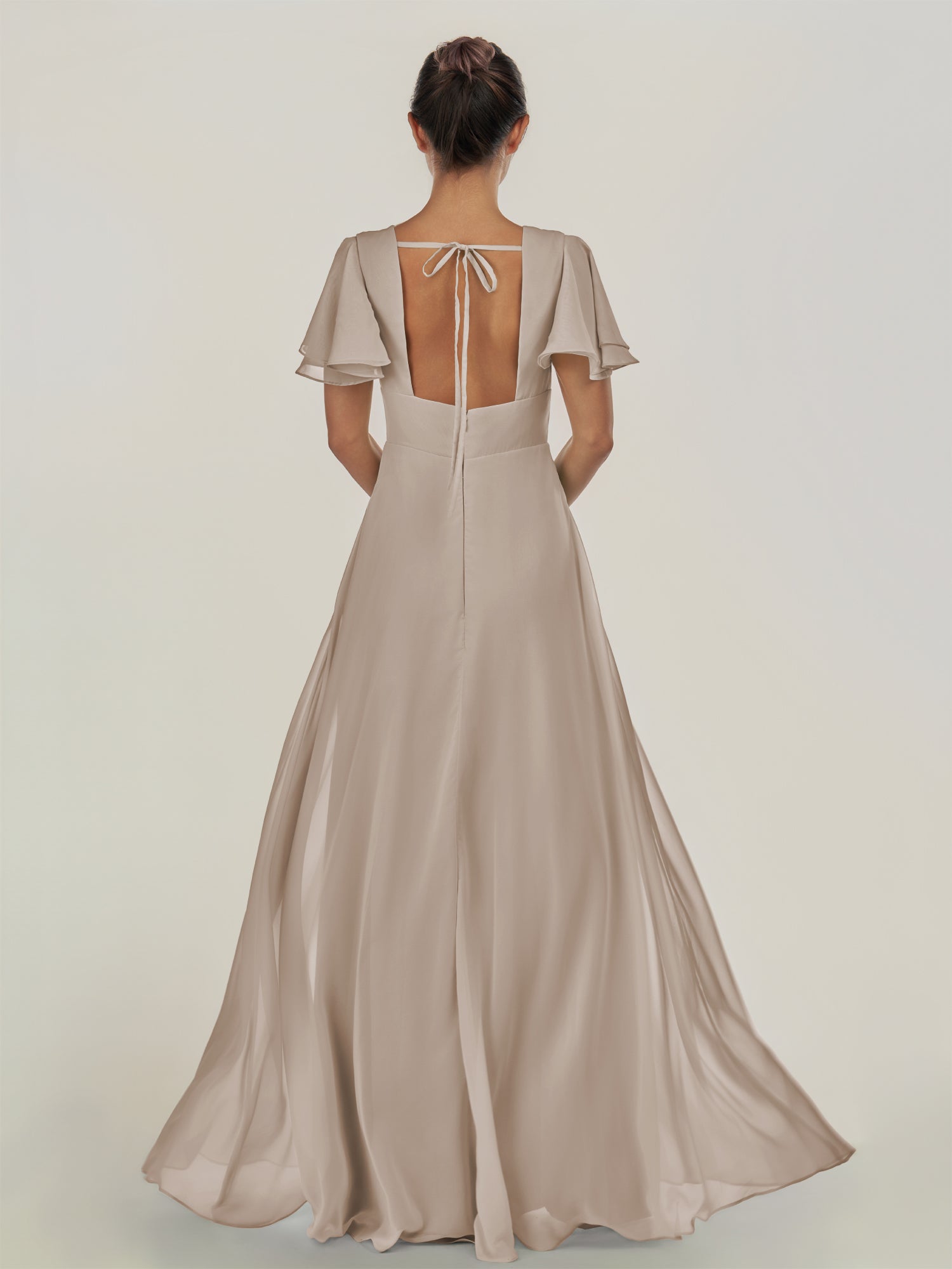 KissDress-Nira Frost A Line Chiffon Cap Sleeves V Neck Long Bridesmaid Dress with Slit