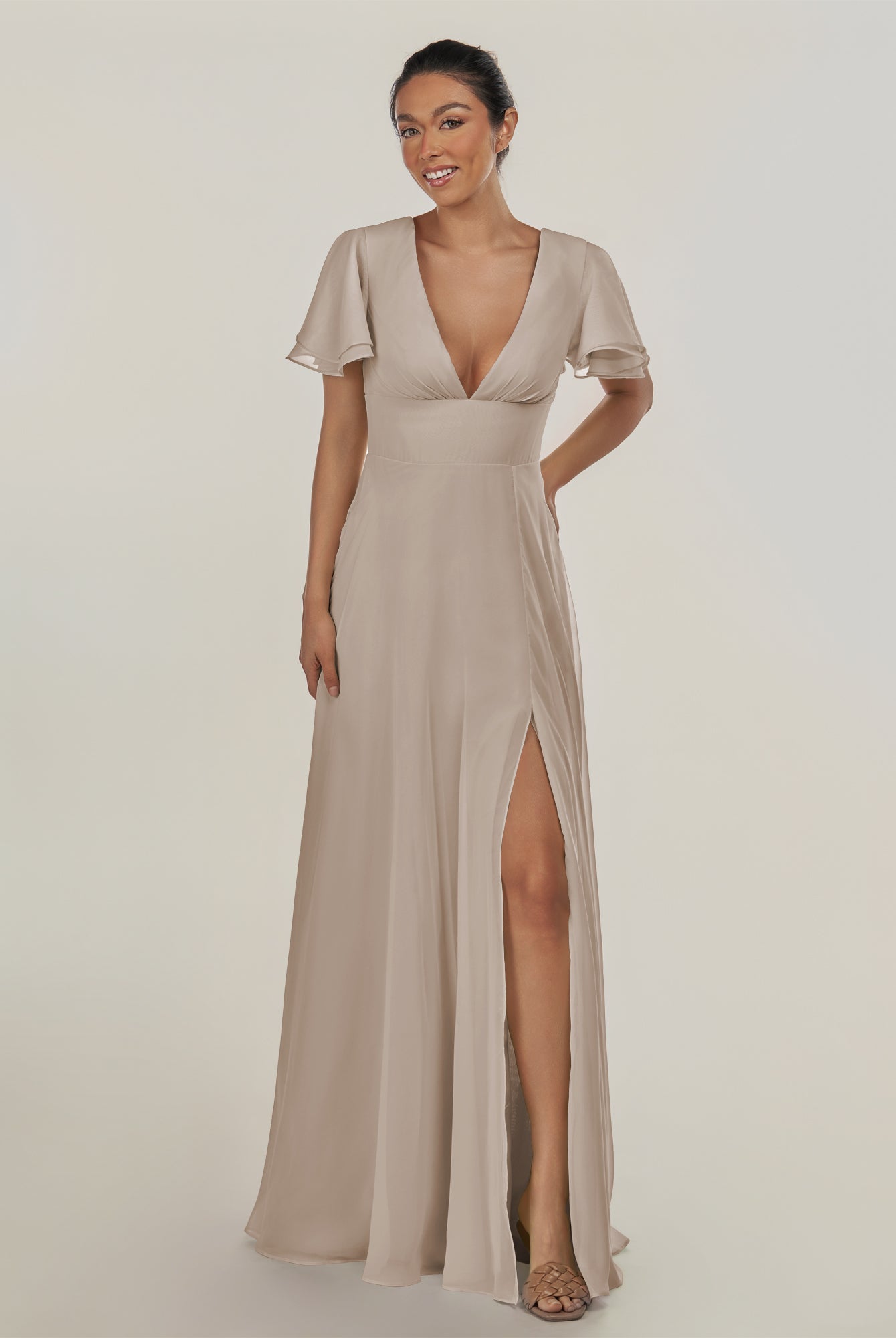 KissDress-Nira Frost A Line Chiffon Cap Sleeves V Neck Long Bridesmaid Dress with Slit