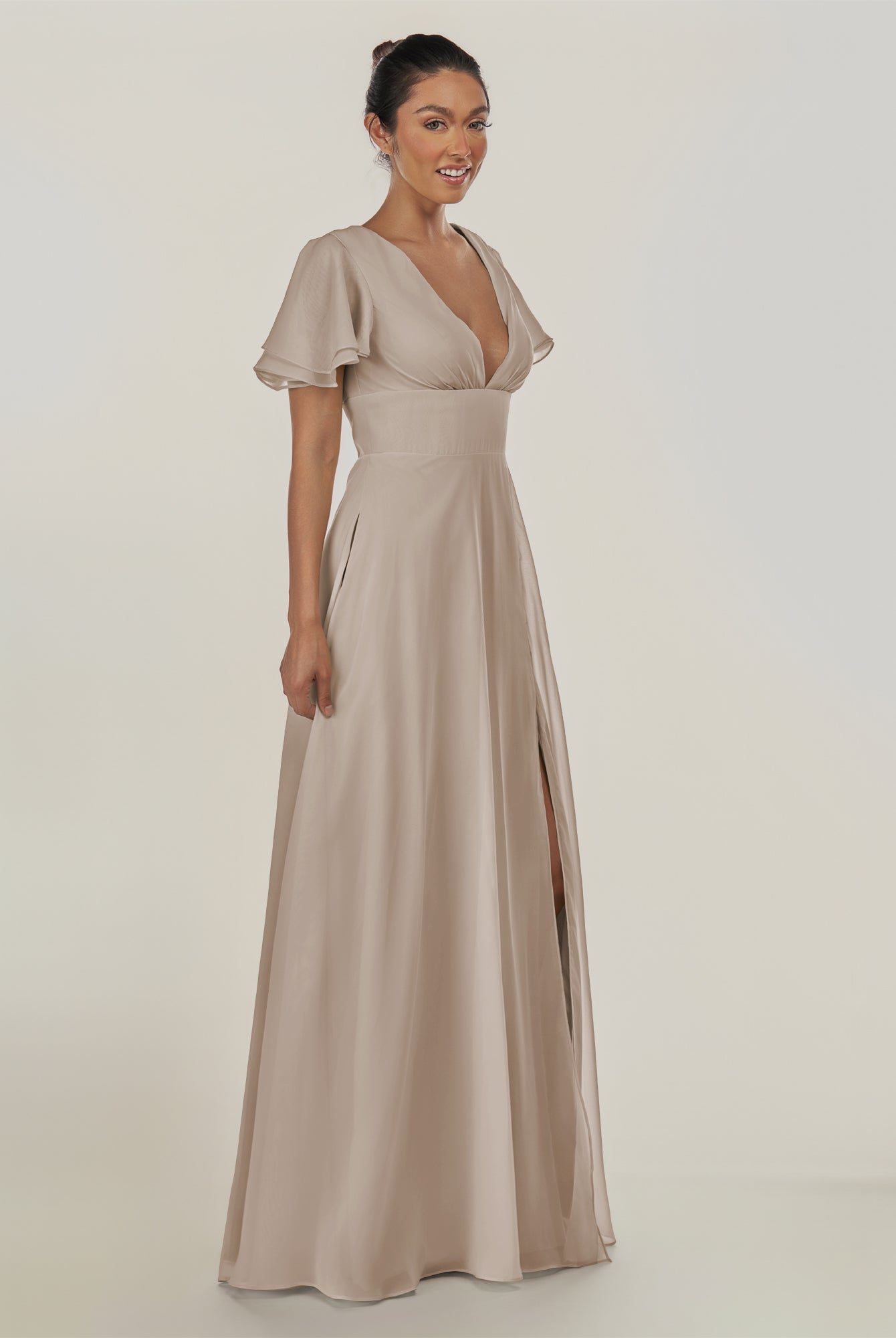 KissDress-Nira Frost A Line Chiffon Cap Sleeves V Neck Long Bridesmaid Dress with Slit