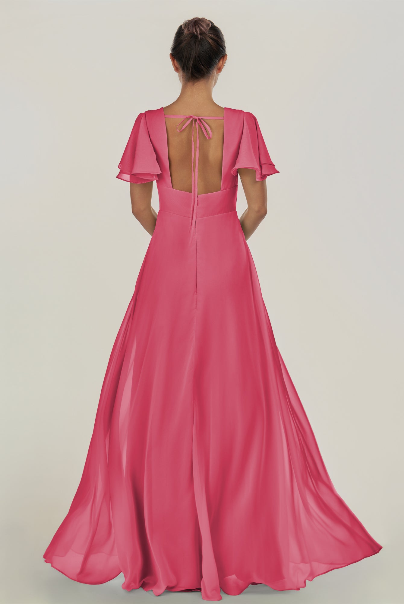 KissDress-Nira Fuchsia A Line Chiffon Cap Sleeves V Neck Long Bridesmaid Dress with Slit