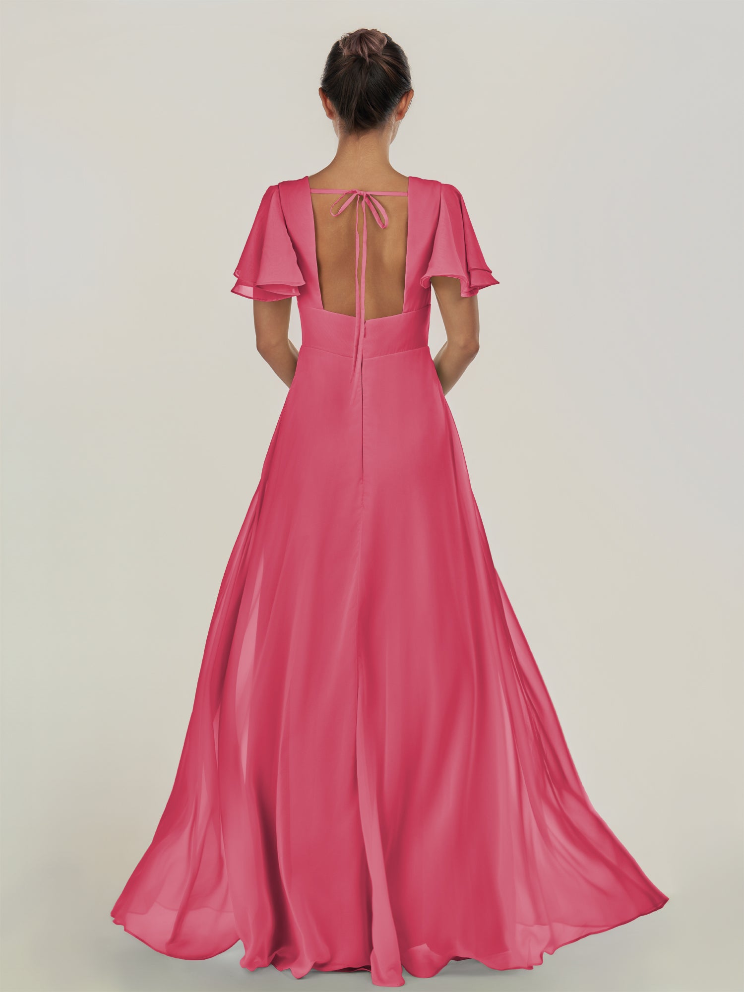 KissDress-Nira Fuchsia A Line Chiffon Cap Sleeves V Neck Long Bridesmaid Dress with Slit