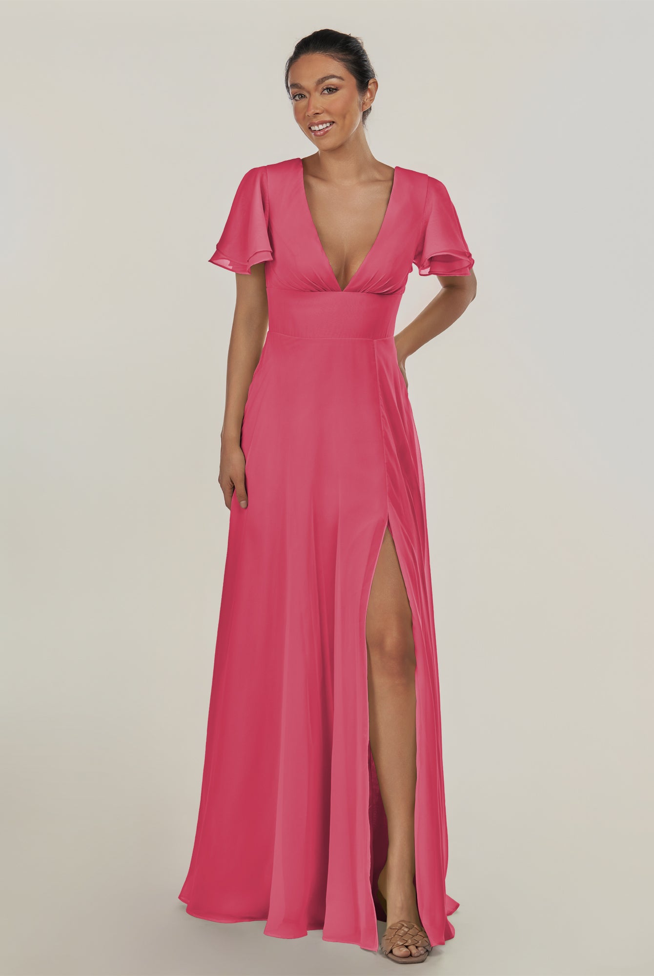 KissDress-Nira Fuchsia A Line Chiffon Cap Sleeves V Neck Long Bridesmaid Dress with Slit