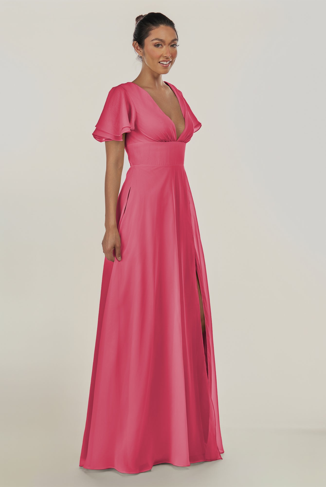 KissDress-Nira Fuchsia A Line Chiffon Cap Sleeves V Neck Long Bridesmaid Dress with Slit