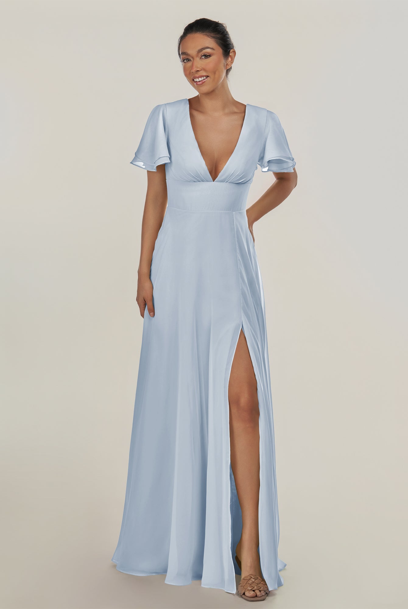 KissDress-Nira Ice A Line Chiffon Cap Sleeves V Neck Long Bridesmaid Dress with Slit