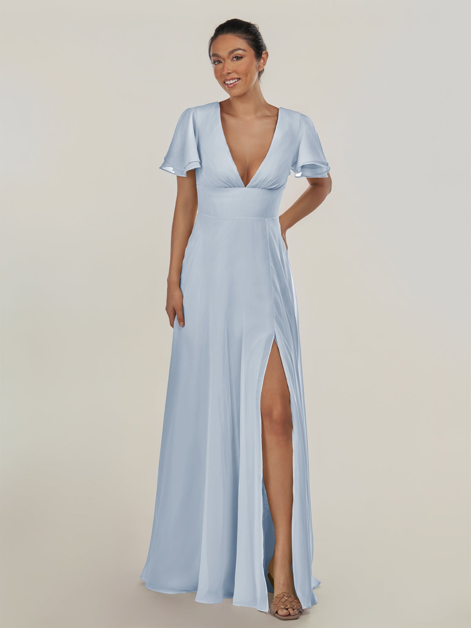 KissDress-Nira Ice A Line Chiffon Cap Sleeves V Neck Long Bridesmaid Dress with Slit