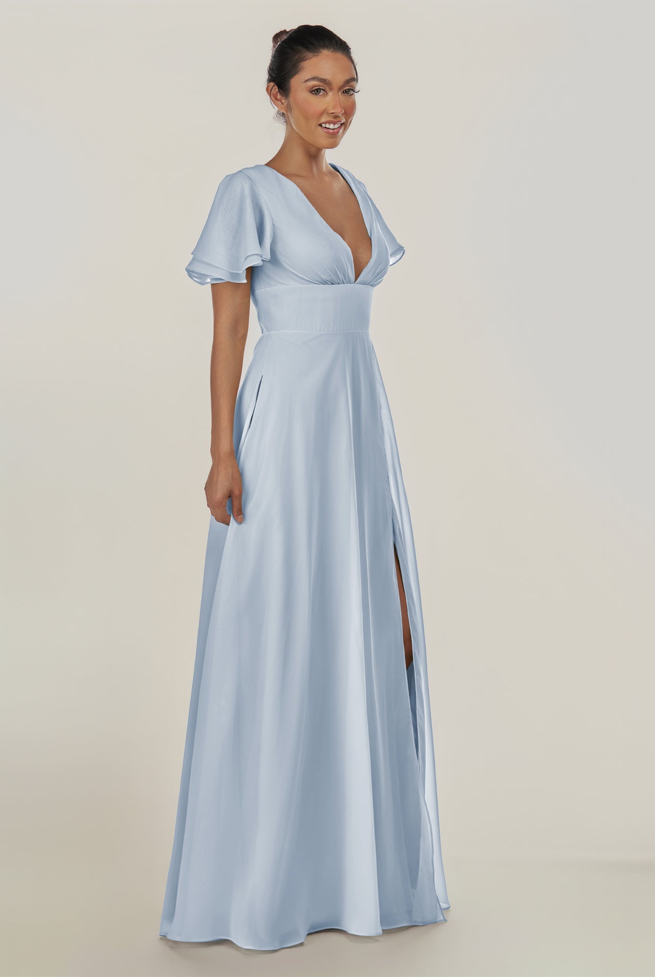 KissDress-Nira Ice A Line Chiffon Cap Sleeves V Neck Long Bridesmaid Dress with Slit