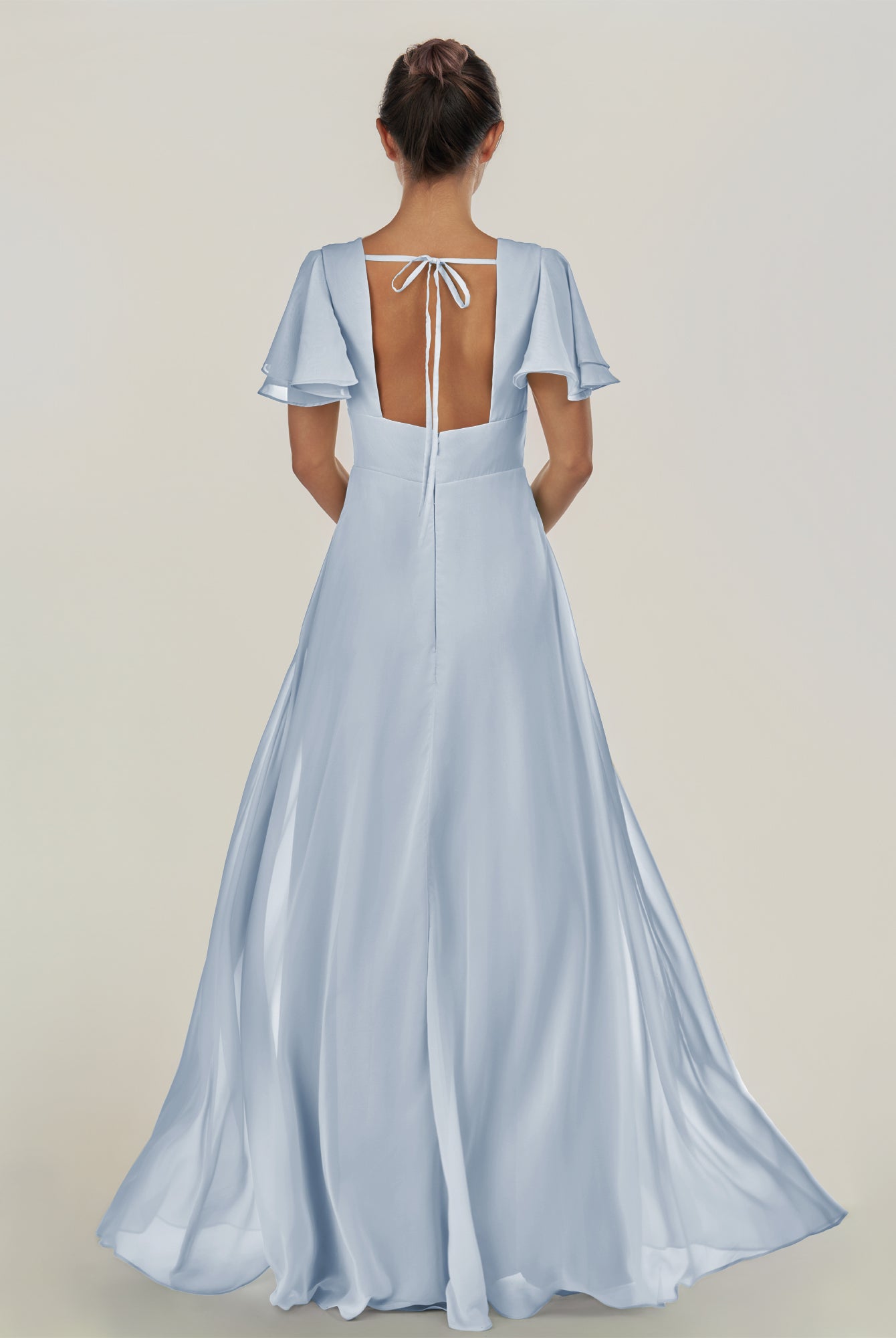 KissDress-Nira Ice A Line Chiffon Cap Sleeves V Neck Long Bridesmaid Dress with Slit