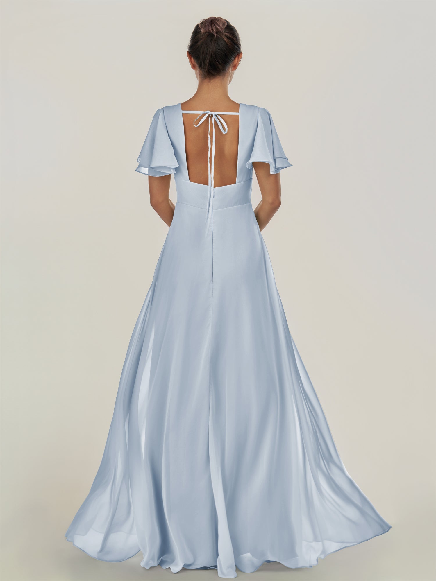 KissDress-Nira Ice A Line Chiffon Cap Sleeves V Neck Long Bridesmaid Dress with Slit