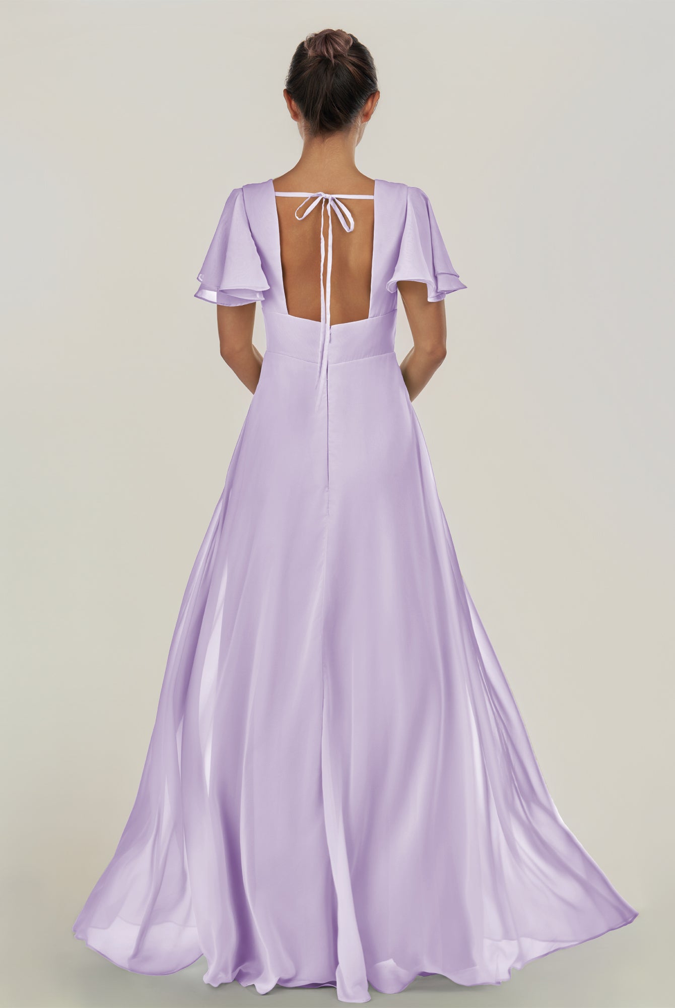KissDress-Nira Lavender A Line Chiffon Cap Sleeves V Neck Long Bridesmaid Dress with Slit